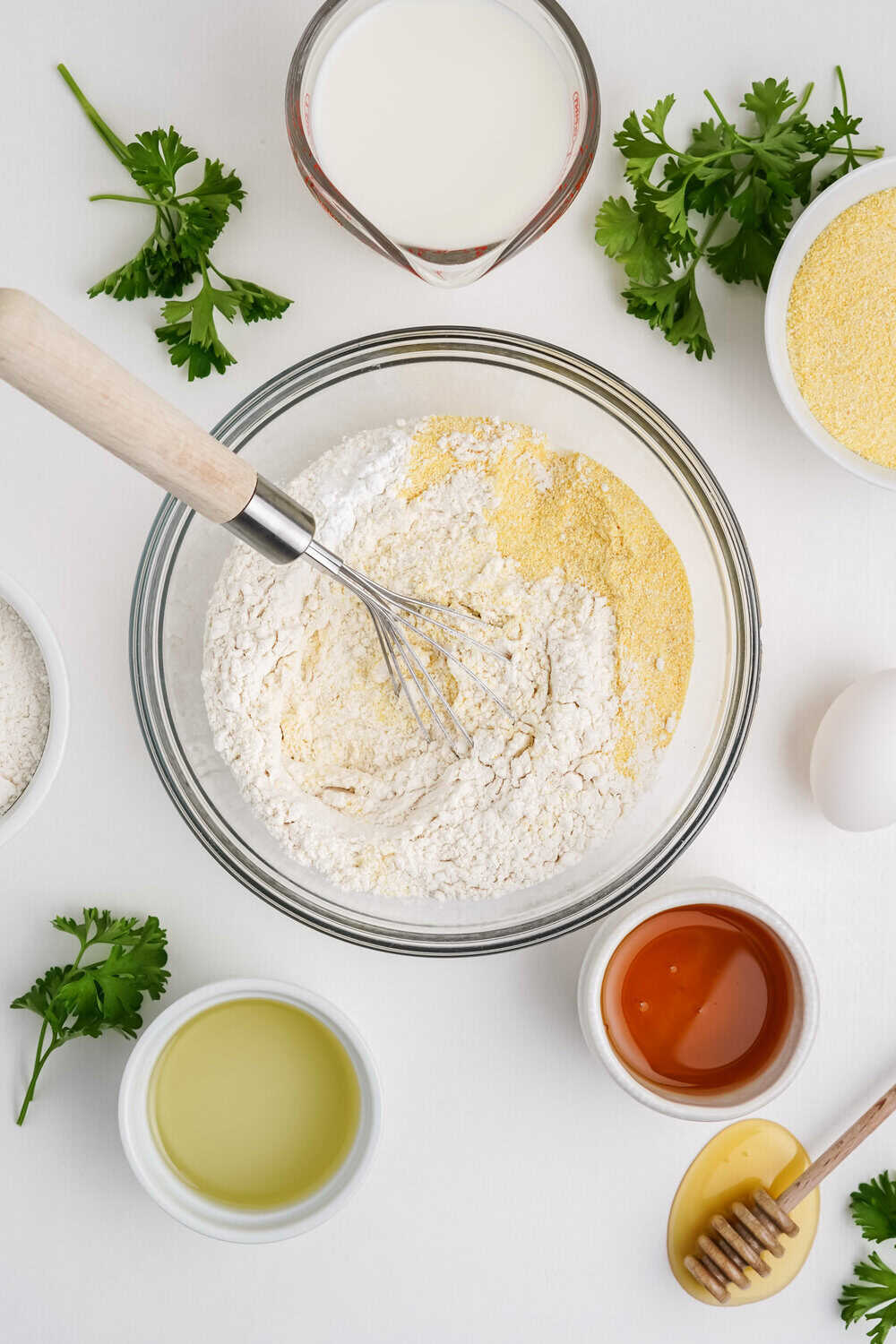 dry ingredients in mixing bowl whisked together for honey cornbread