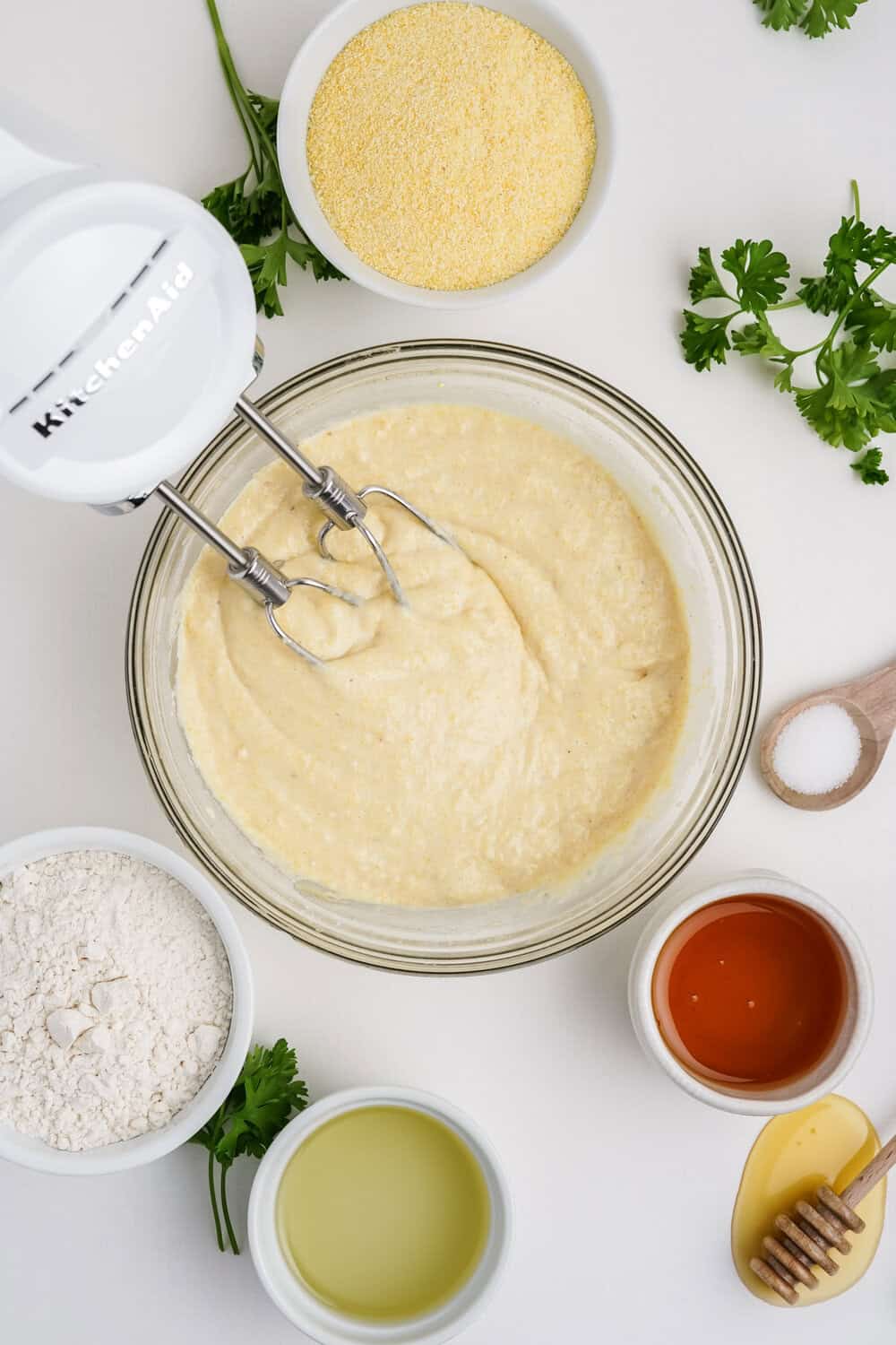all ingredients except honey mixed together for honey cornbread