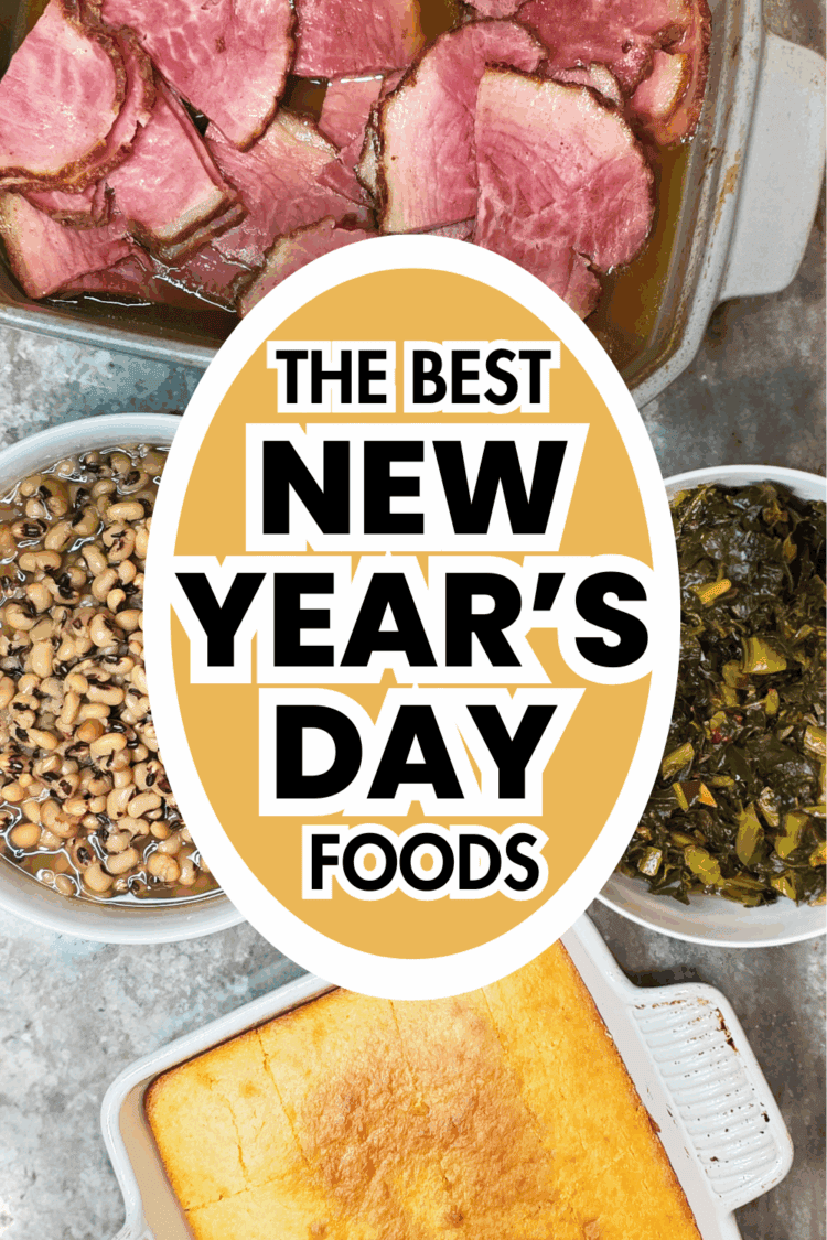 new years day foods - black eyed peas, collard greens, cornbread and ham