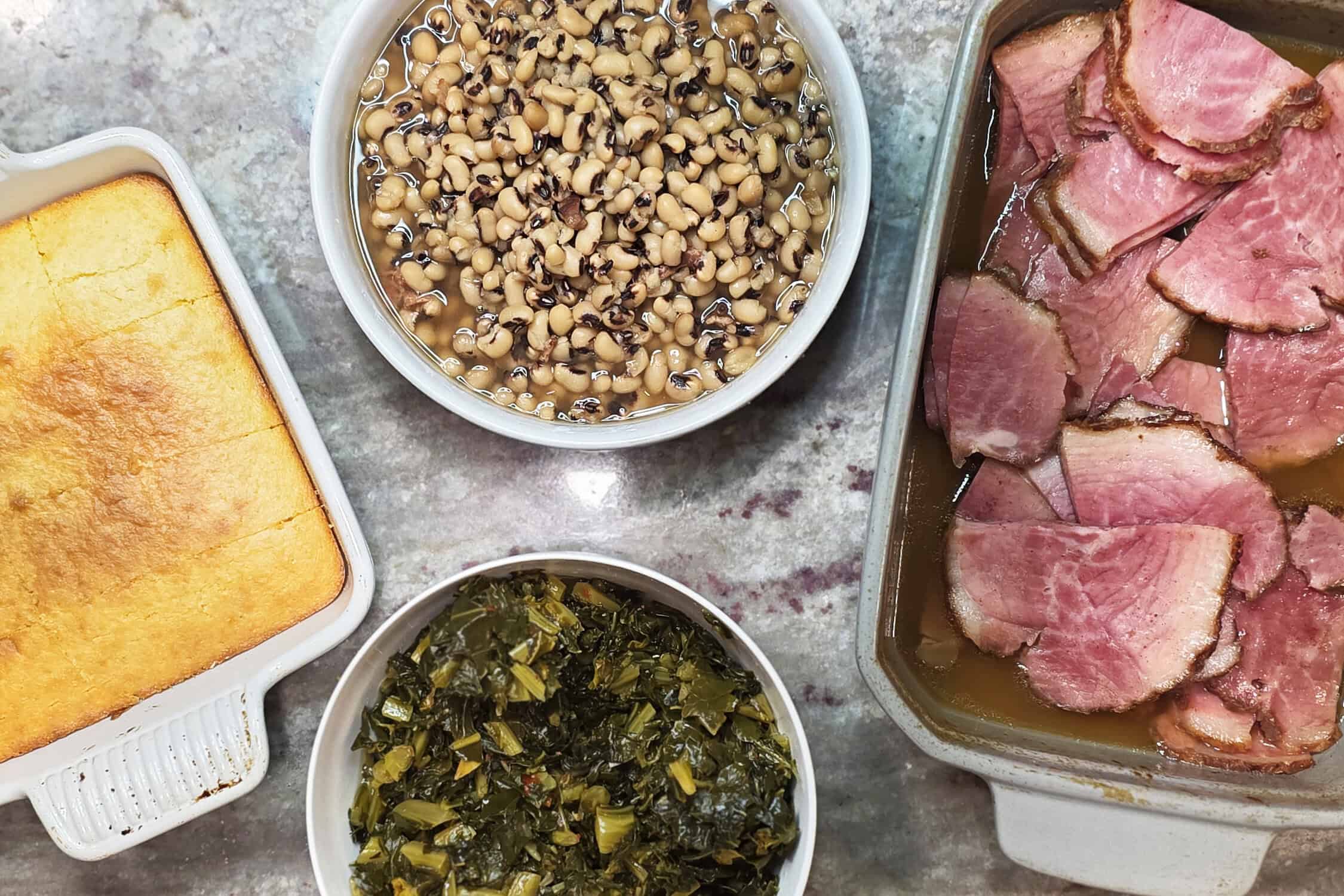 new years day foods - black eyed peas, collard greens, cornbread and ham