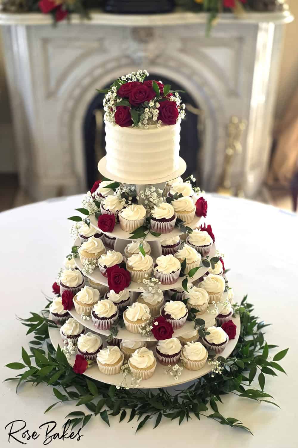 wedding cake and cupcake tower