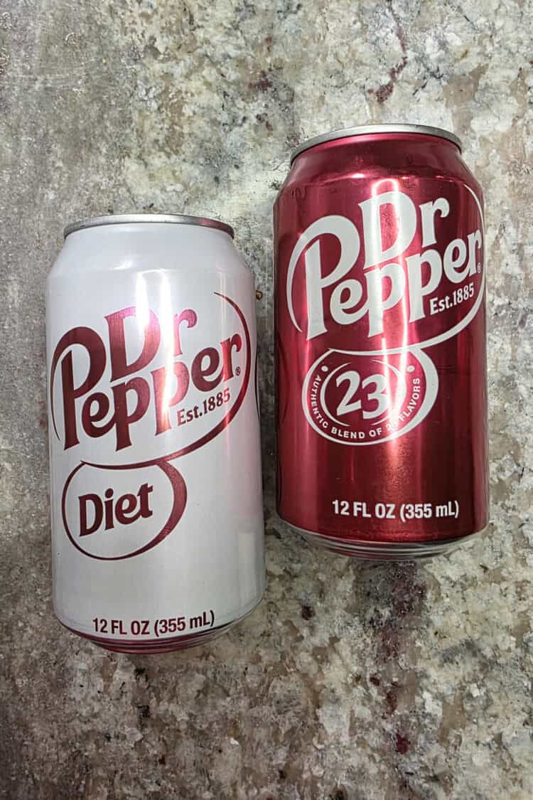 cans of dr pepper and diet dr pepper on a counter