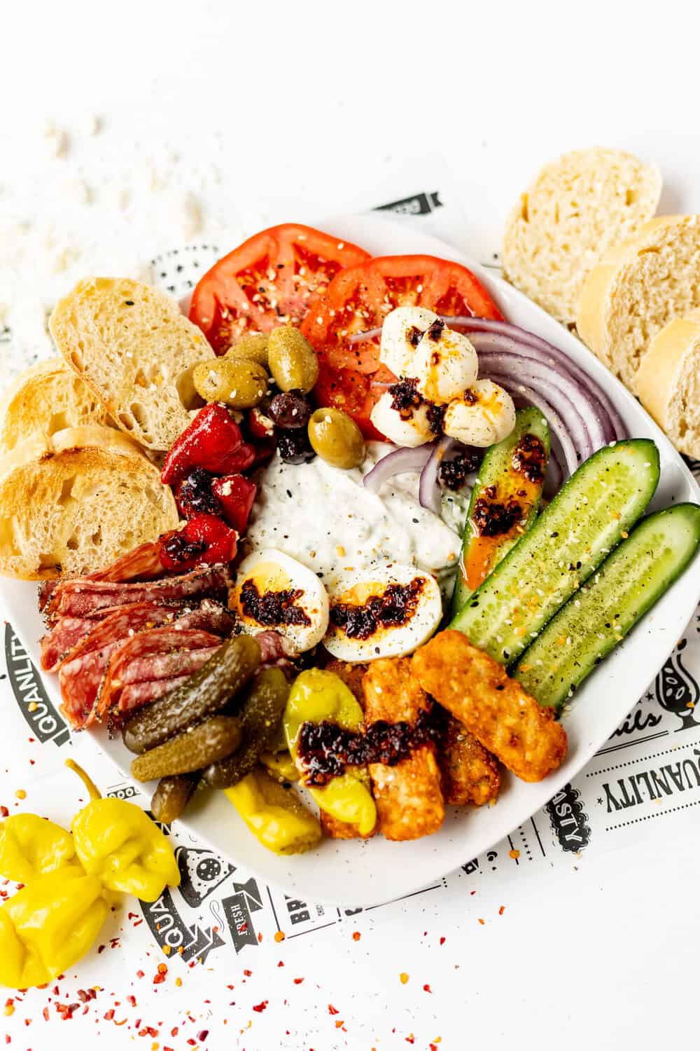 olive oil, chili oil, and finish it off with a sprinkle of feta cheese over the plate