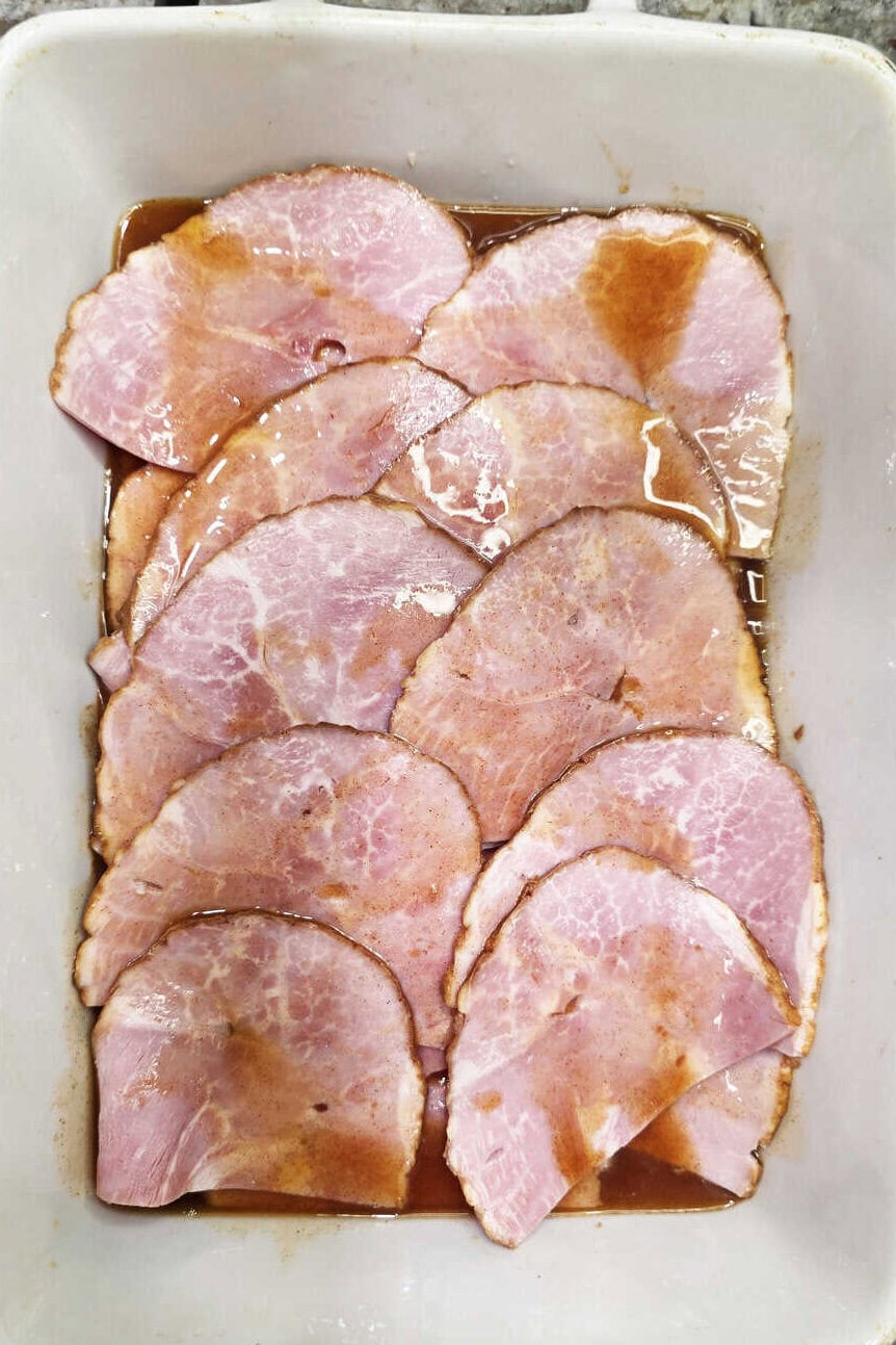 layered ham covered in glaze