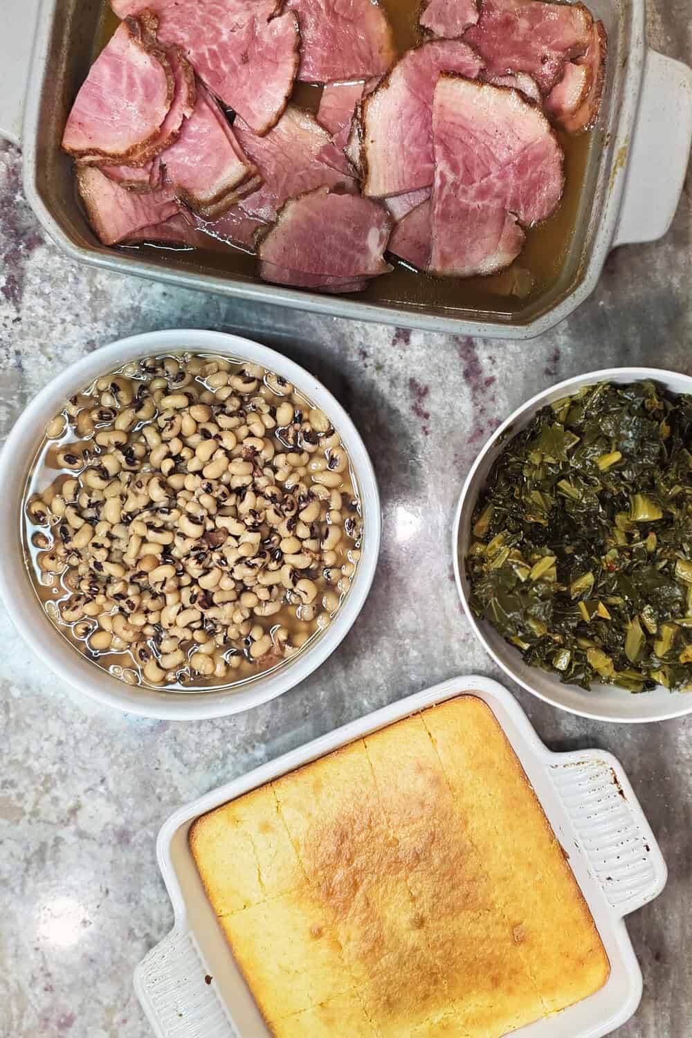 new years day foods - black eyed peas, collard greens, cornbread and ham