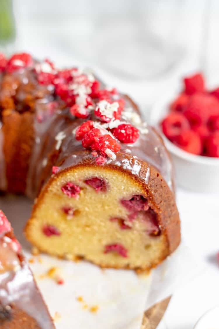 sliced White Chocolate Raspberry Bundt Cake