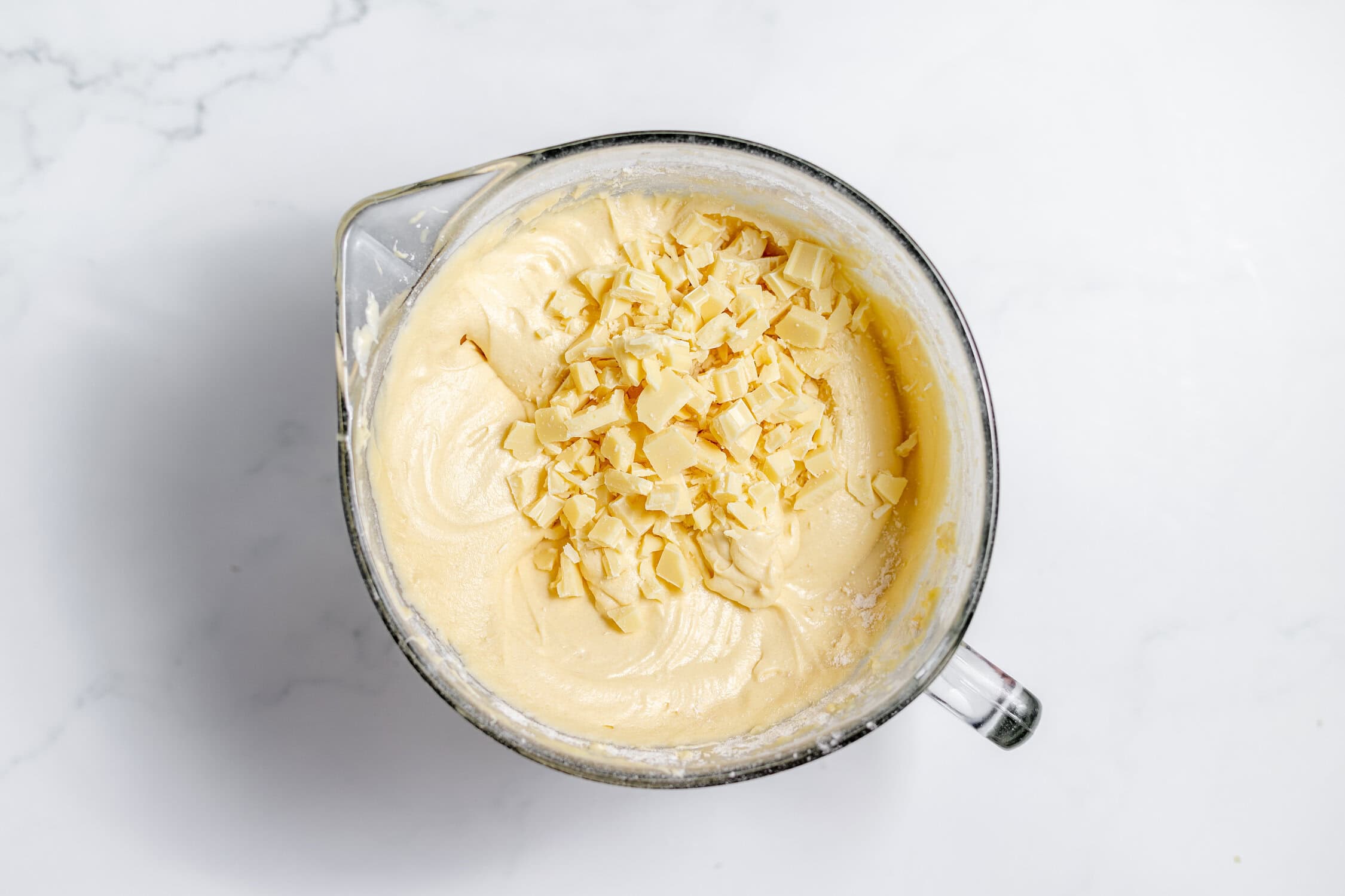 white chocolate chips stirred into batter