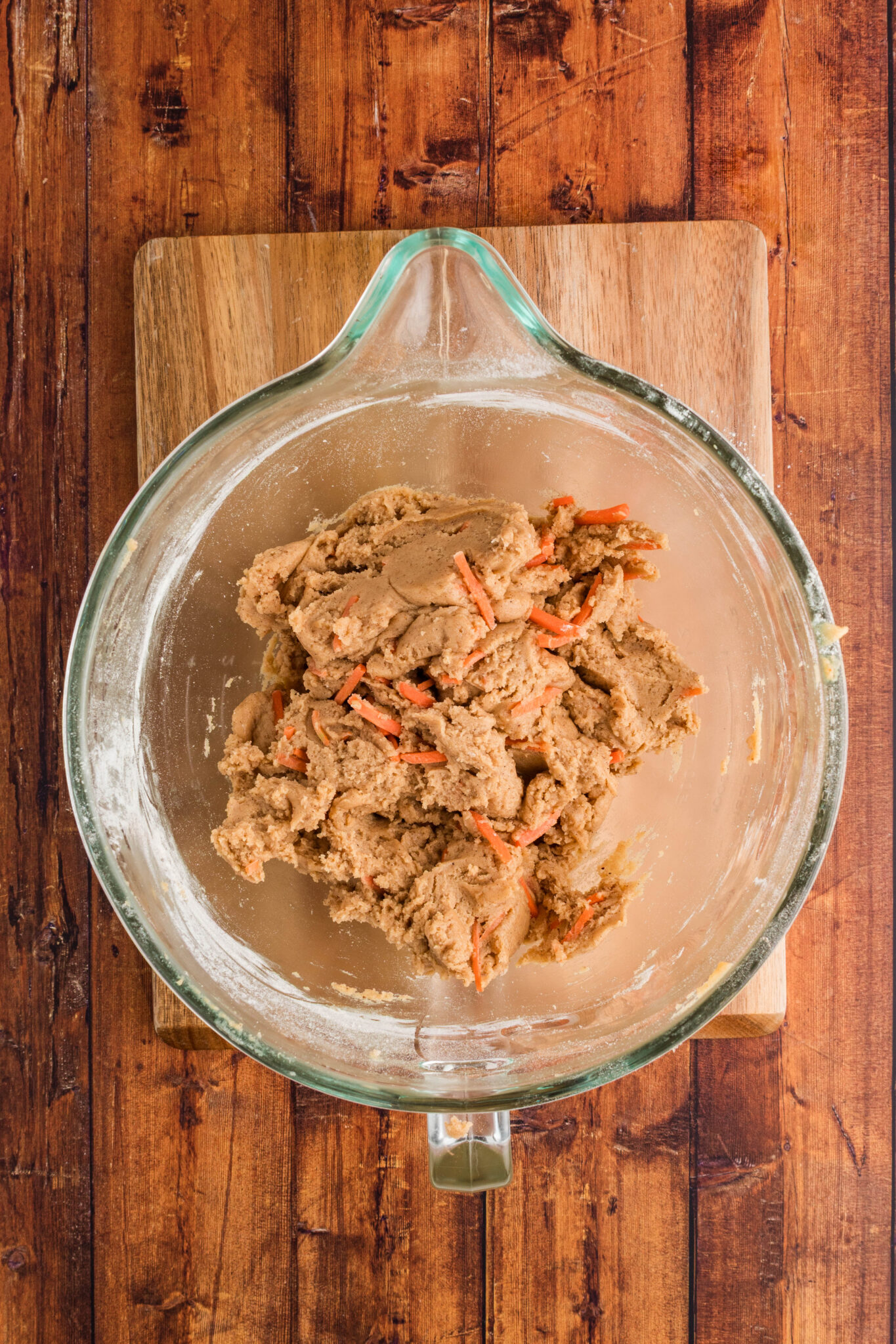 carrot cake cookie dough in mixer bowl