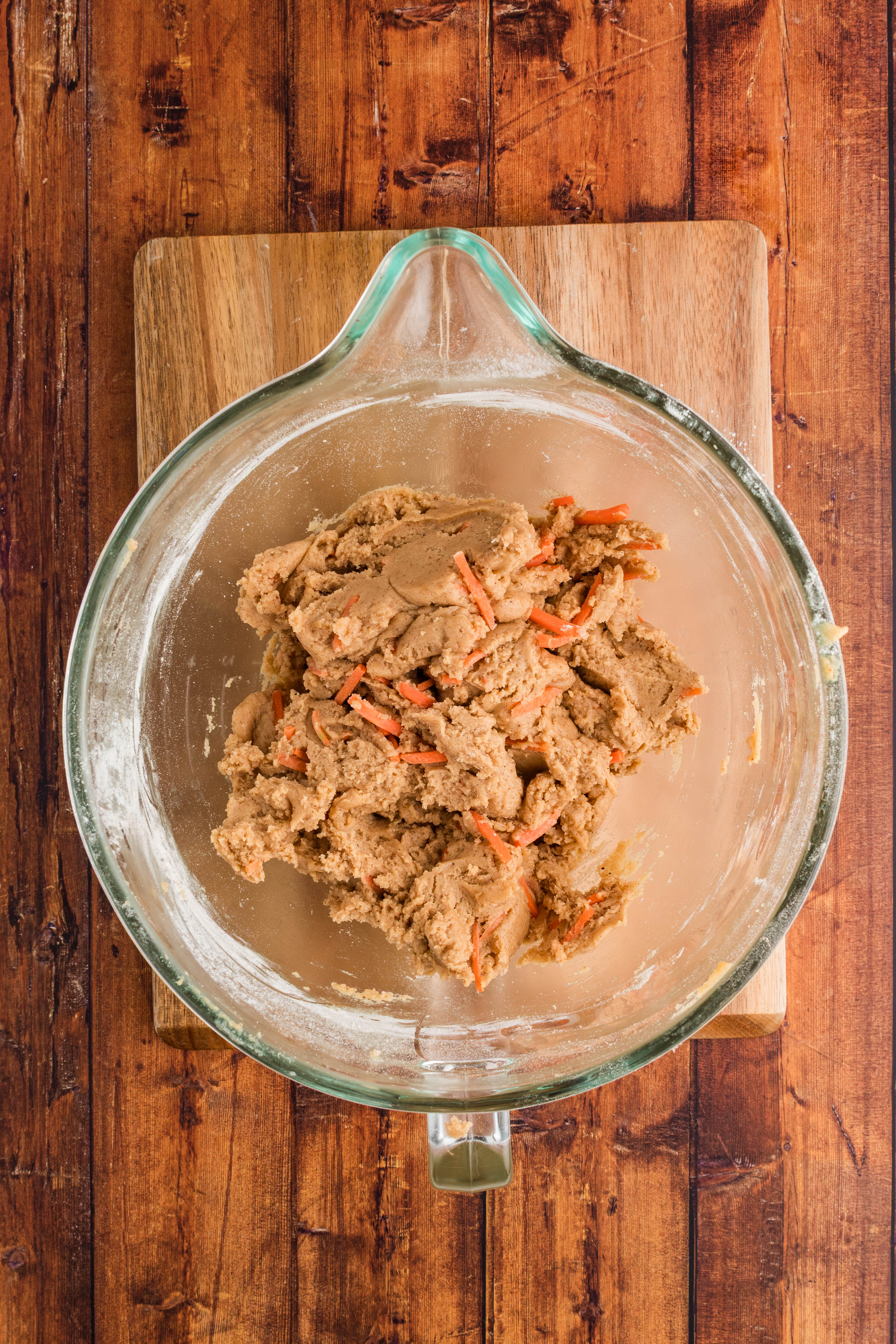 carrot cake cookie dough in mixer bowl