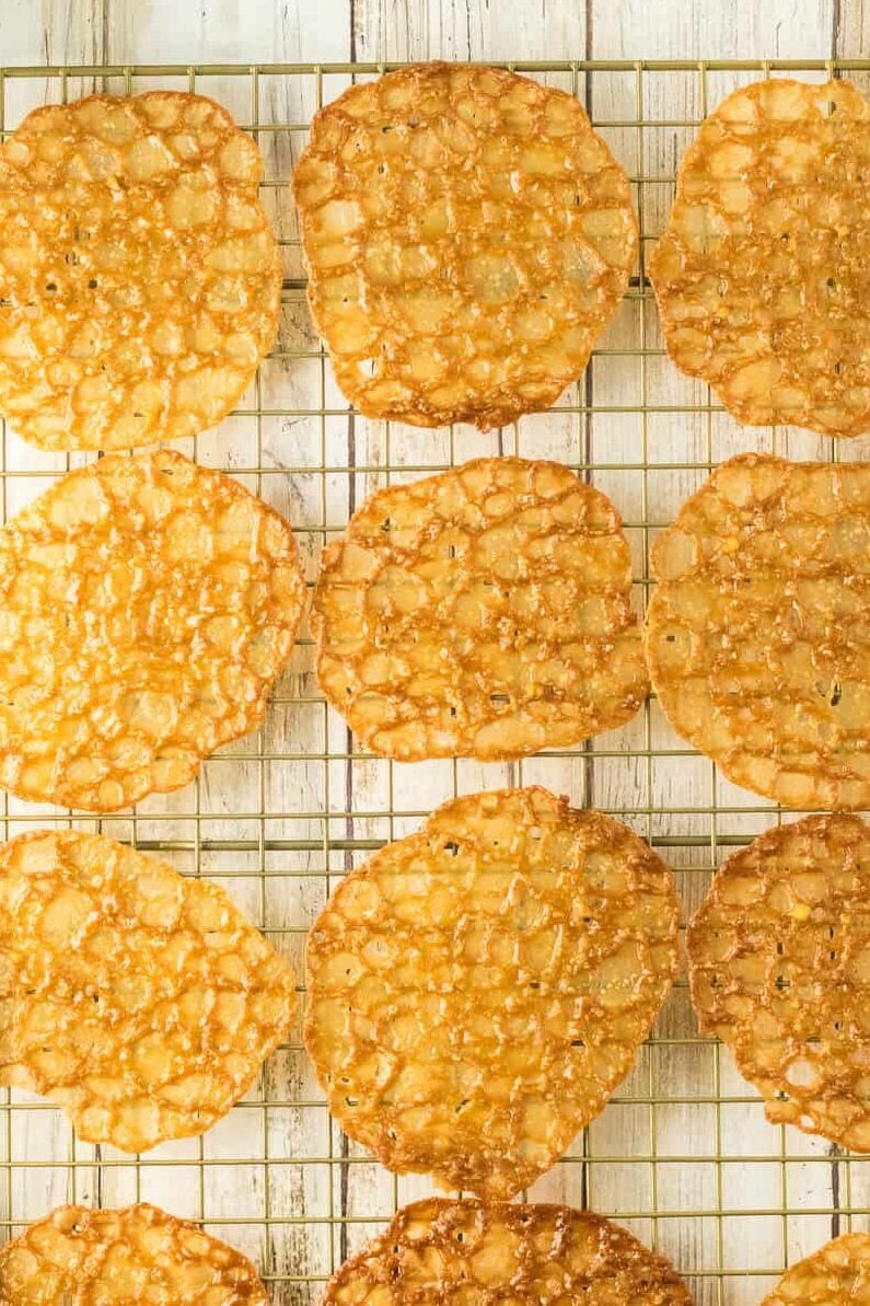 lace cookies on wire rack