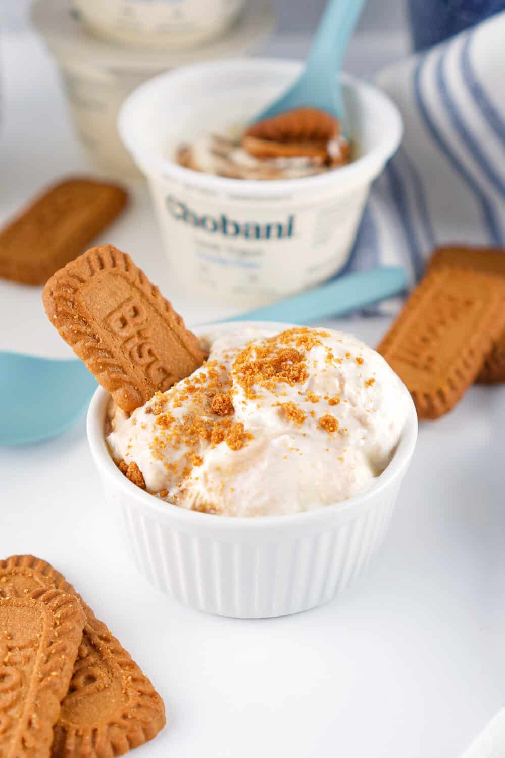 japanese cheesecake in a bowl with a Biscoff cookie
