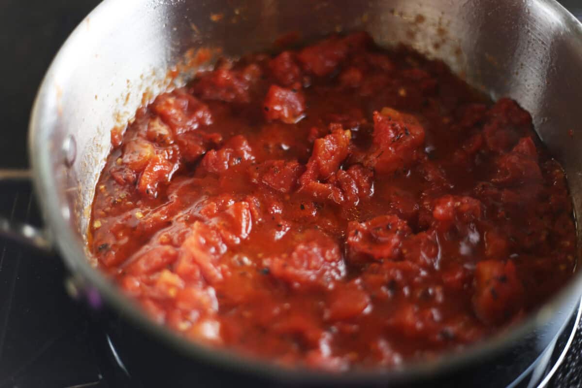 cooked chunky marinara sauce in a skillet