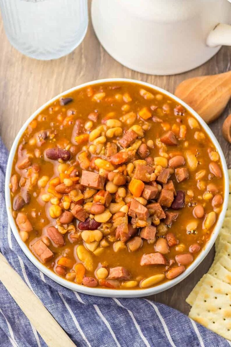 15 bean soup with ham in a white bowl