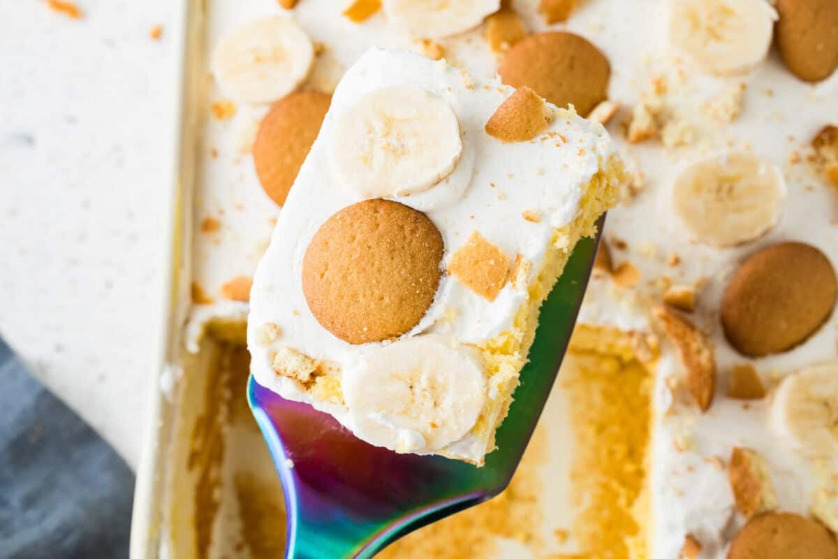 slice of banana pudding poke cake