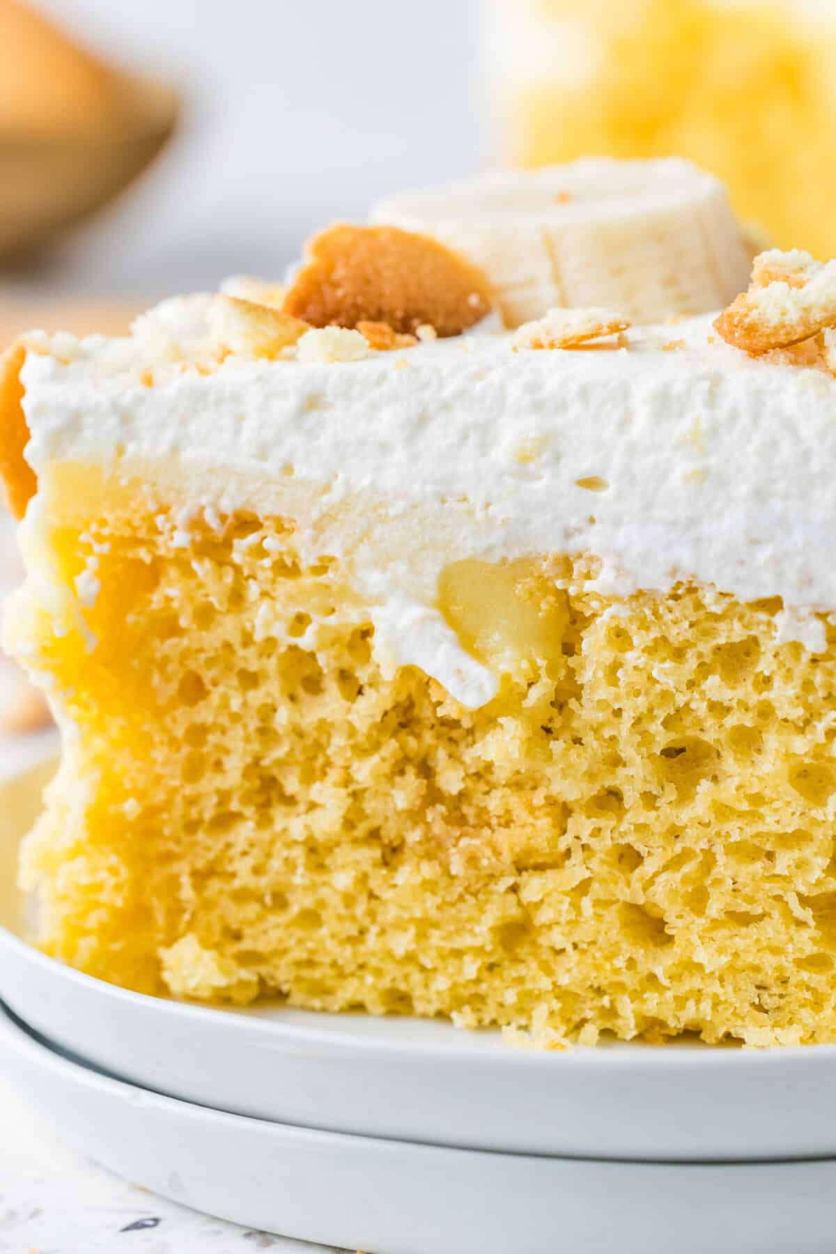 banana pudding poke cake up close