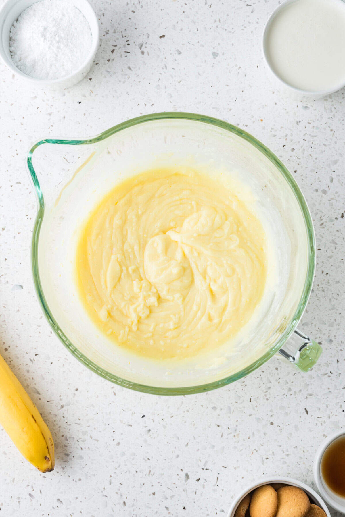 instant pudding in a mixing bowl