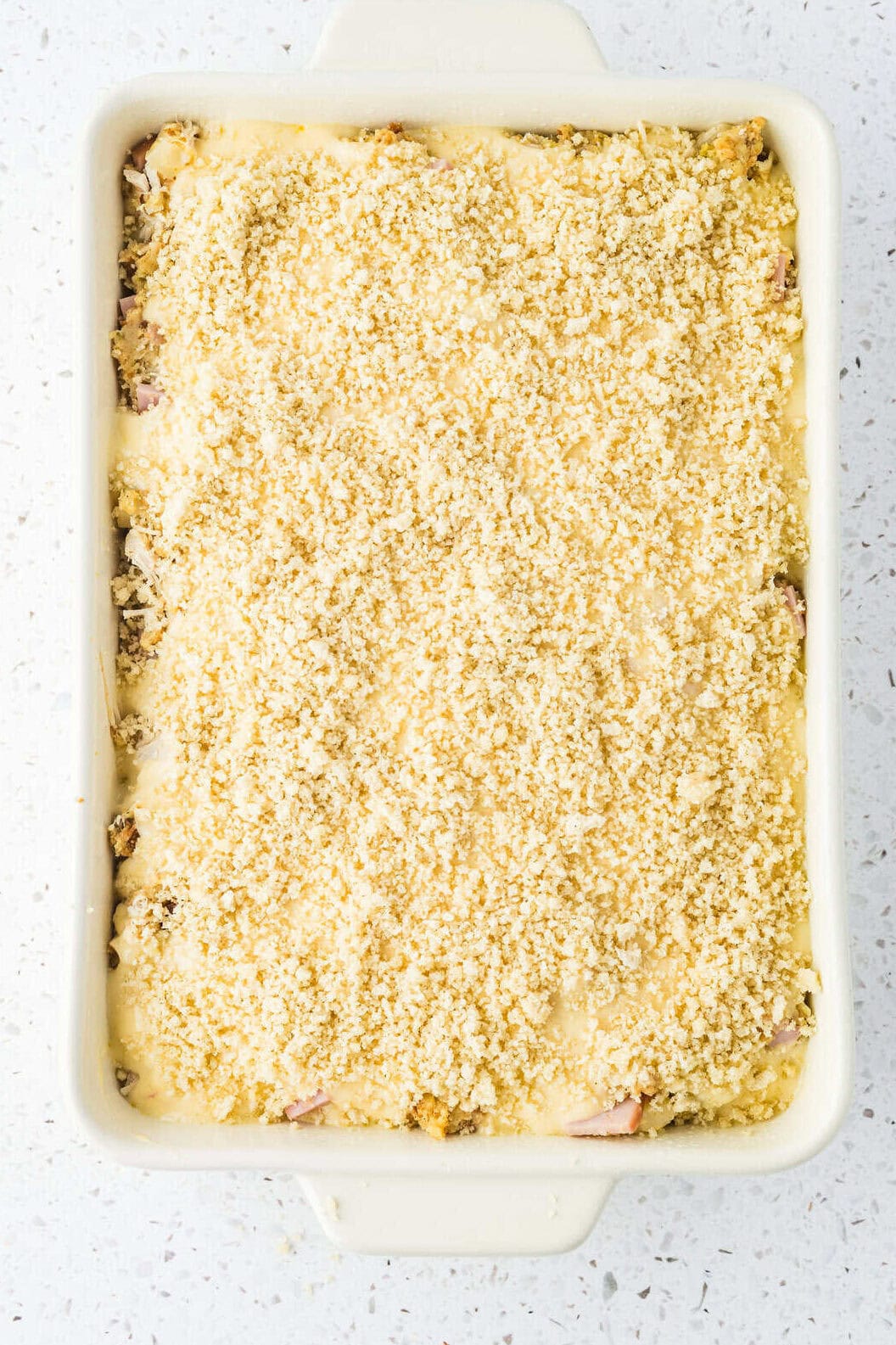 buttered panko bread crumbs on top of the casserole