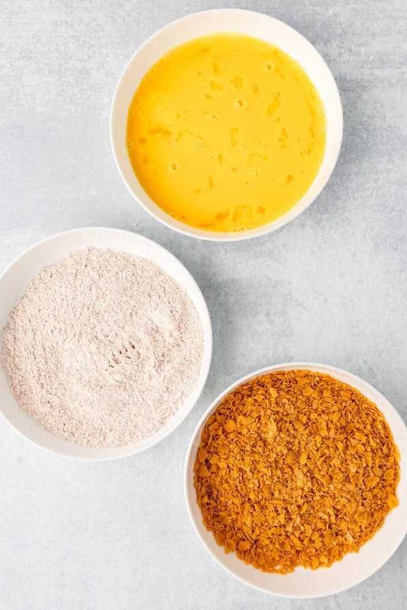 three bowls for dredging station for cornflake chicen