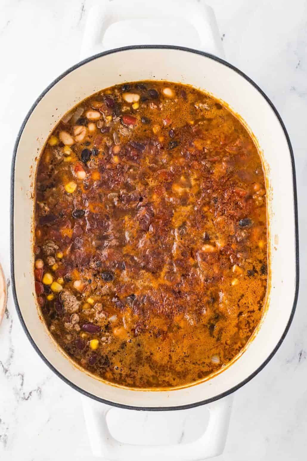 cooked taco soup in a Dutch oven