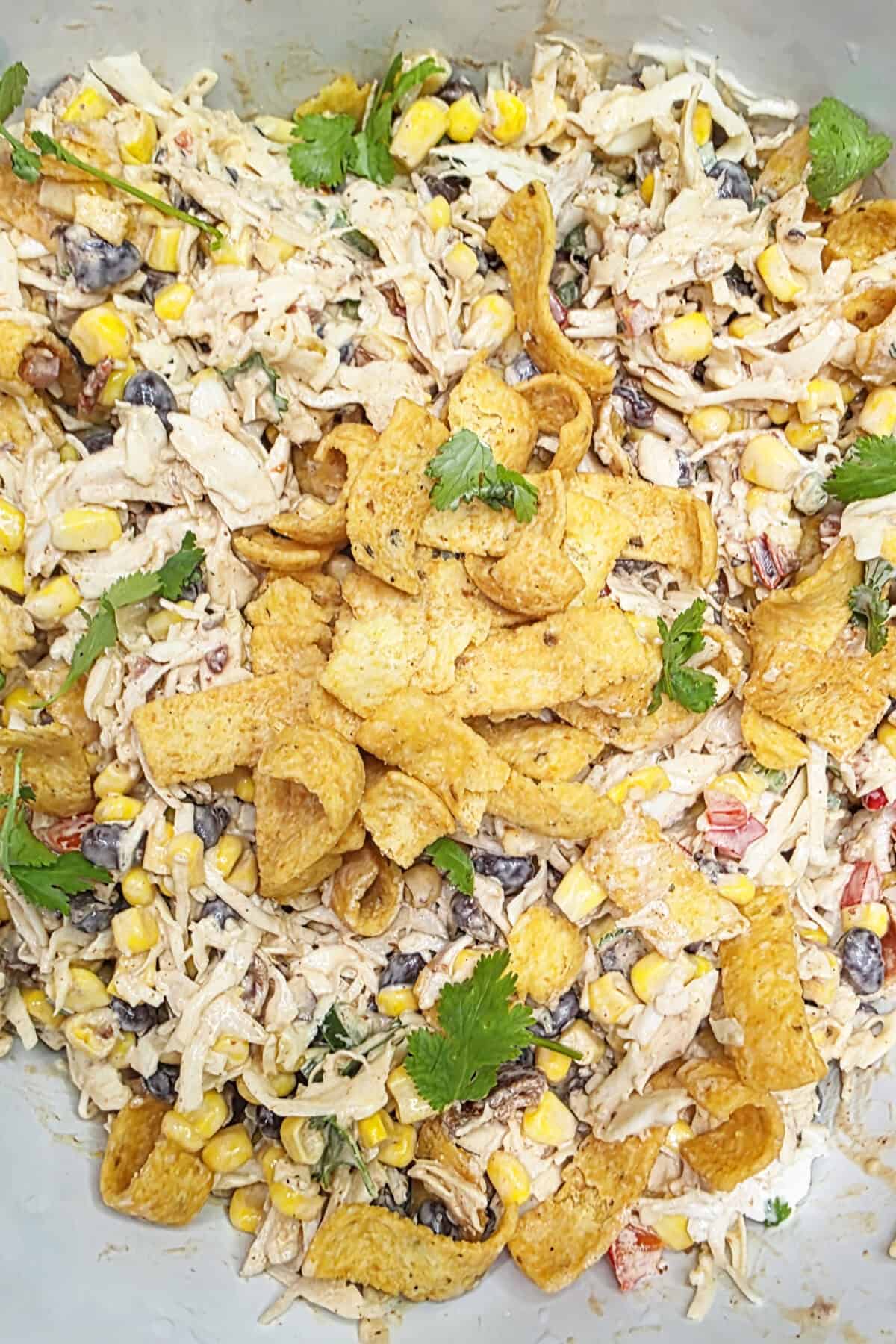 fritos and fresh cilantro over cowboy coleslaw
