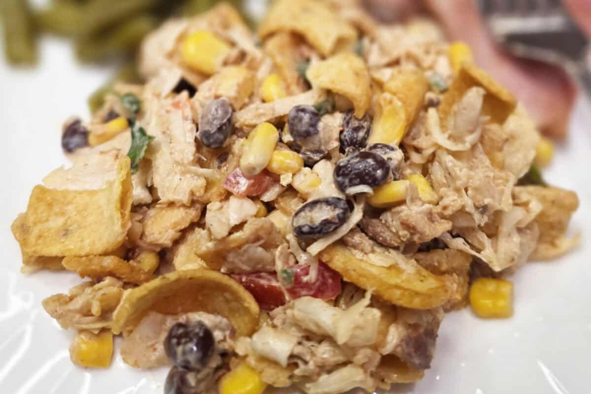 Cowboy Coleslaw on a plate with ham and green beans