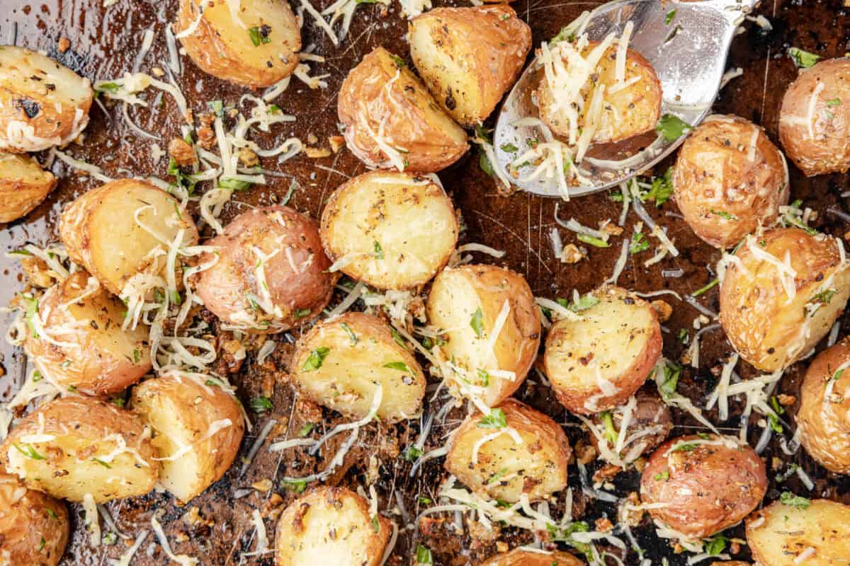 Garlic Parmesan Potatoes on a baking sheet