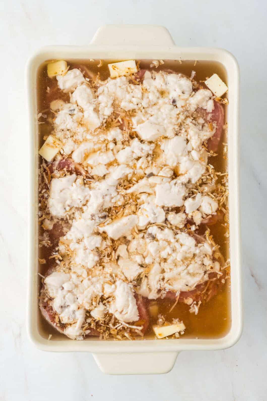 cream of mushroom soup on top of the casserole