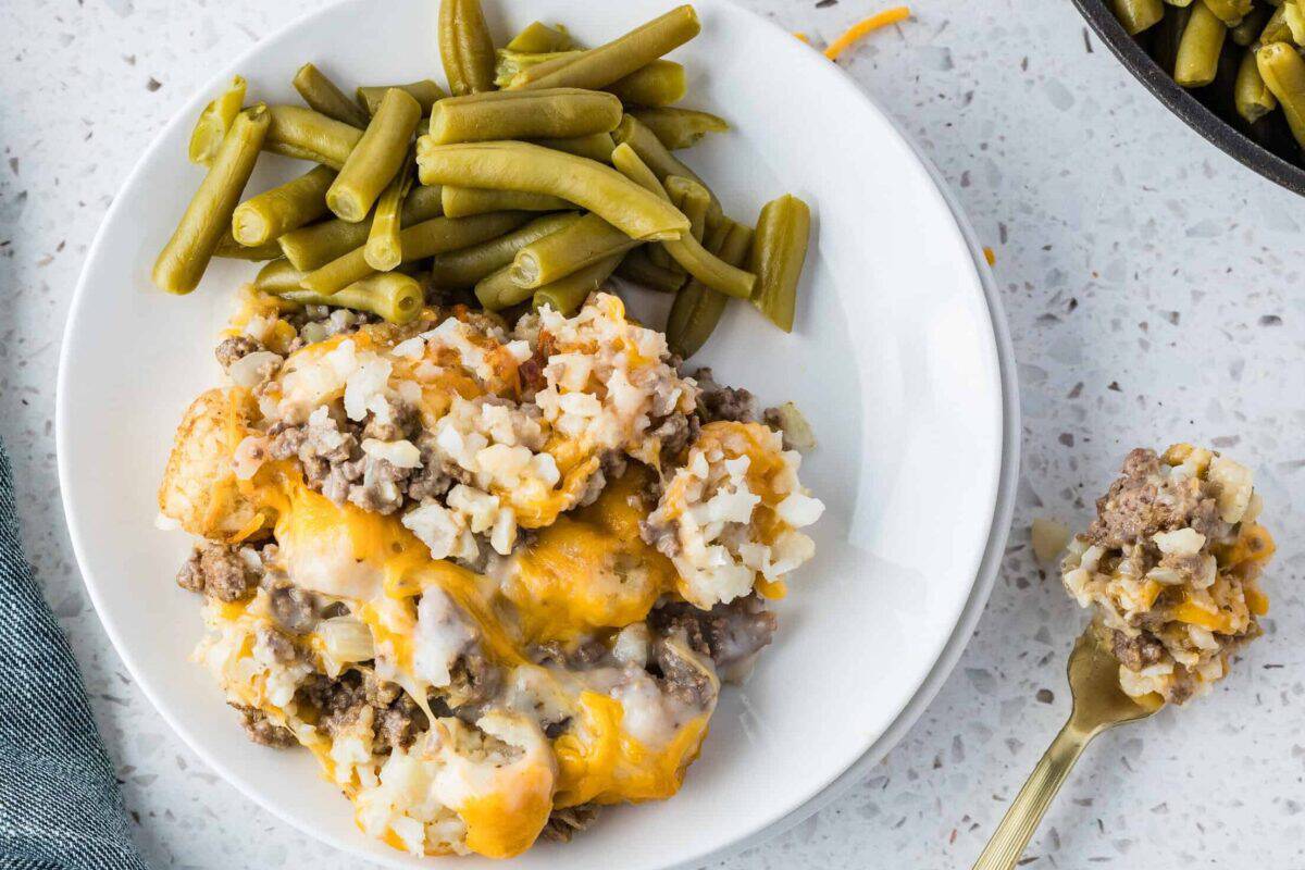 tater tot casserole 02 plate of tater tot casserole with green beans