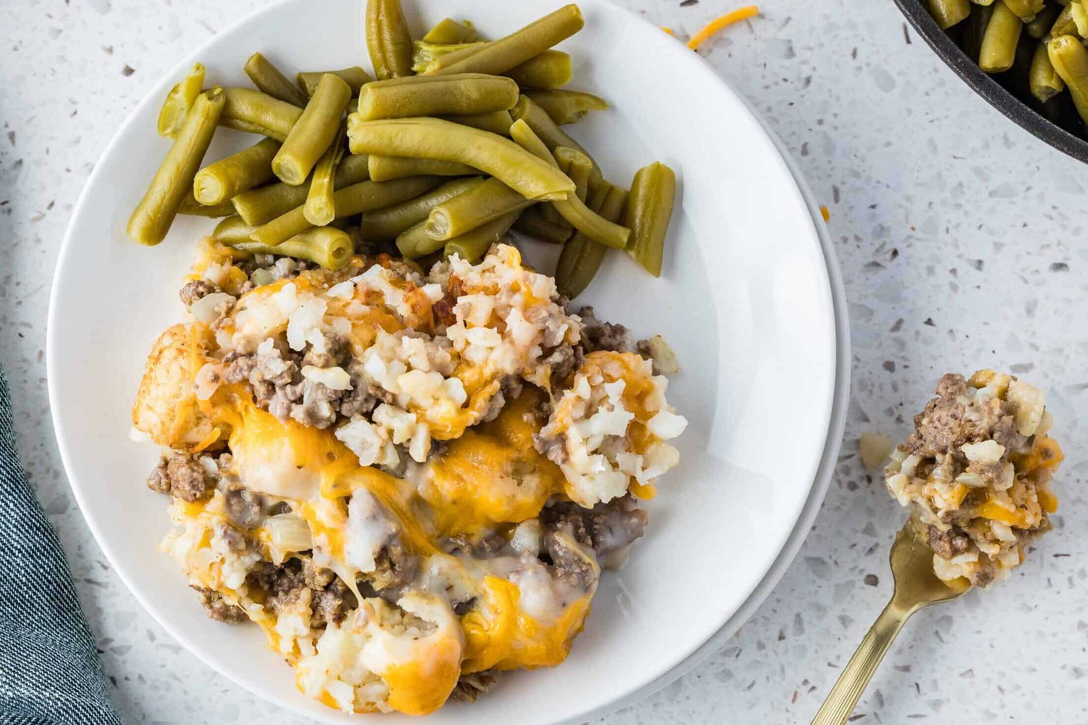 plate of tater tot casserole with green beans