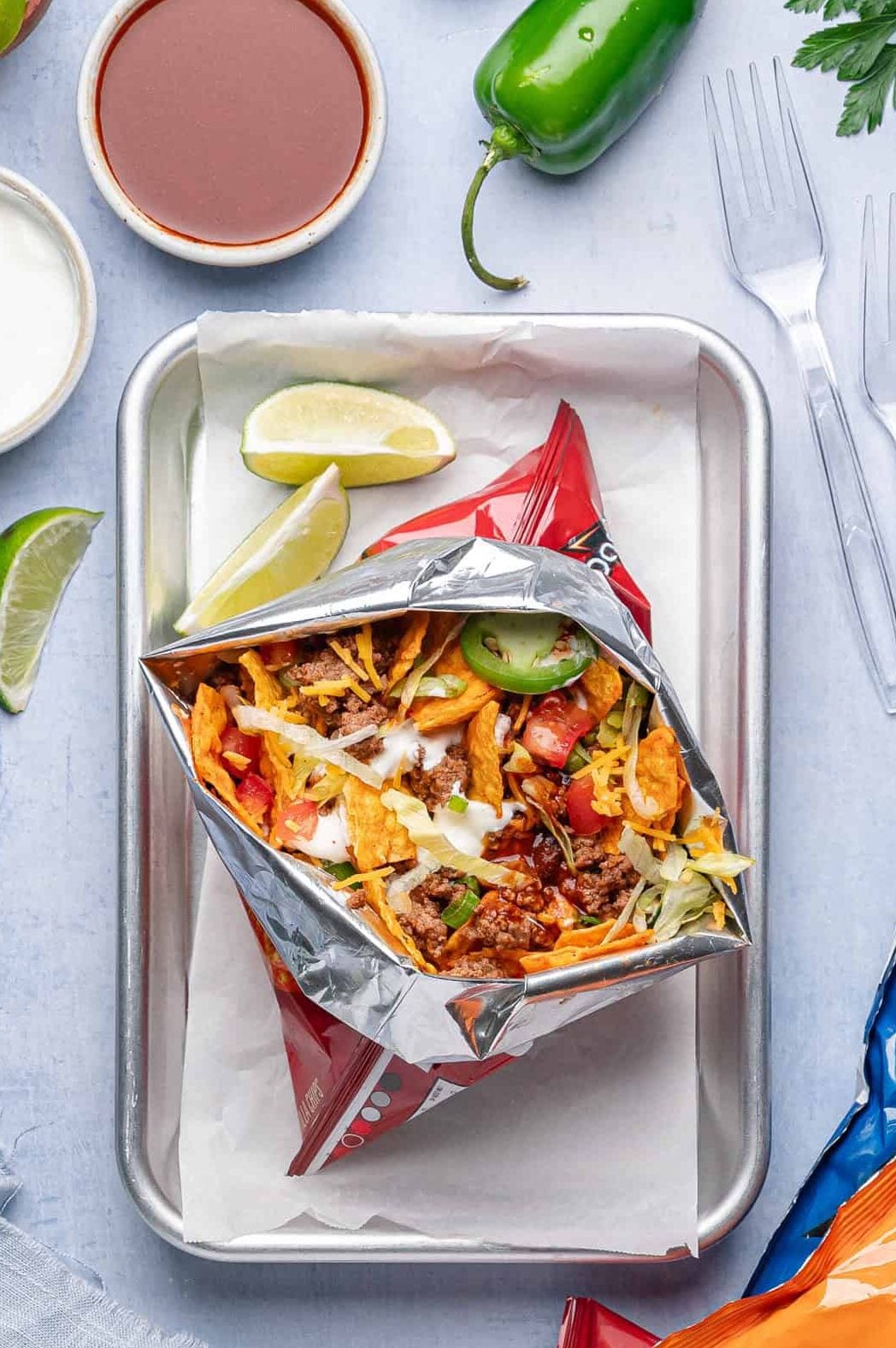 walking taco bag on a cookie sheet