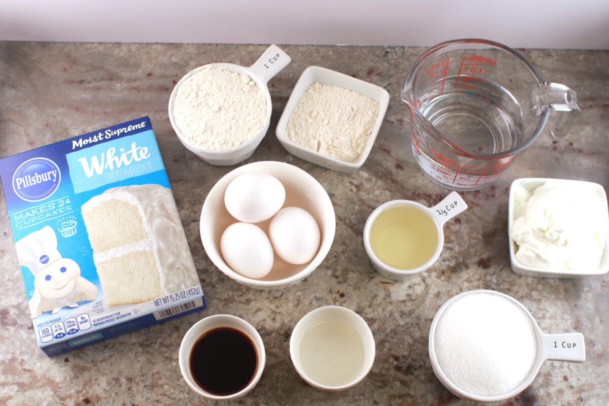 ingredients for white almond sour cream cake