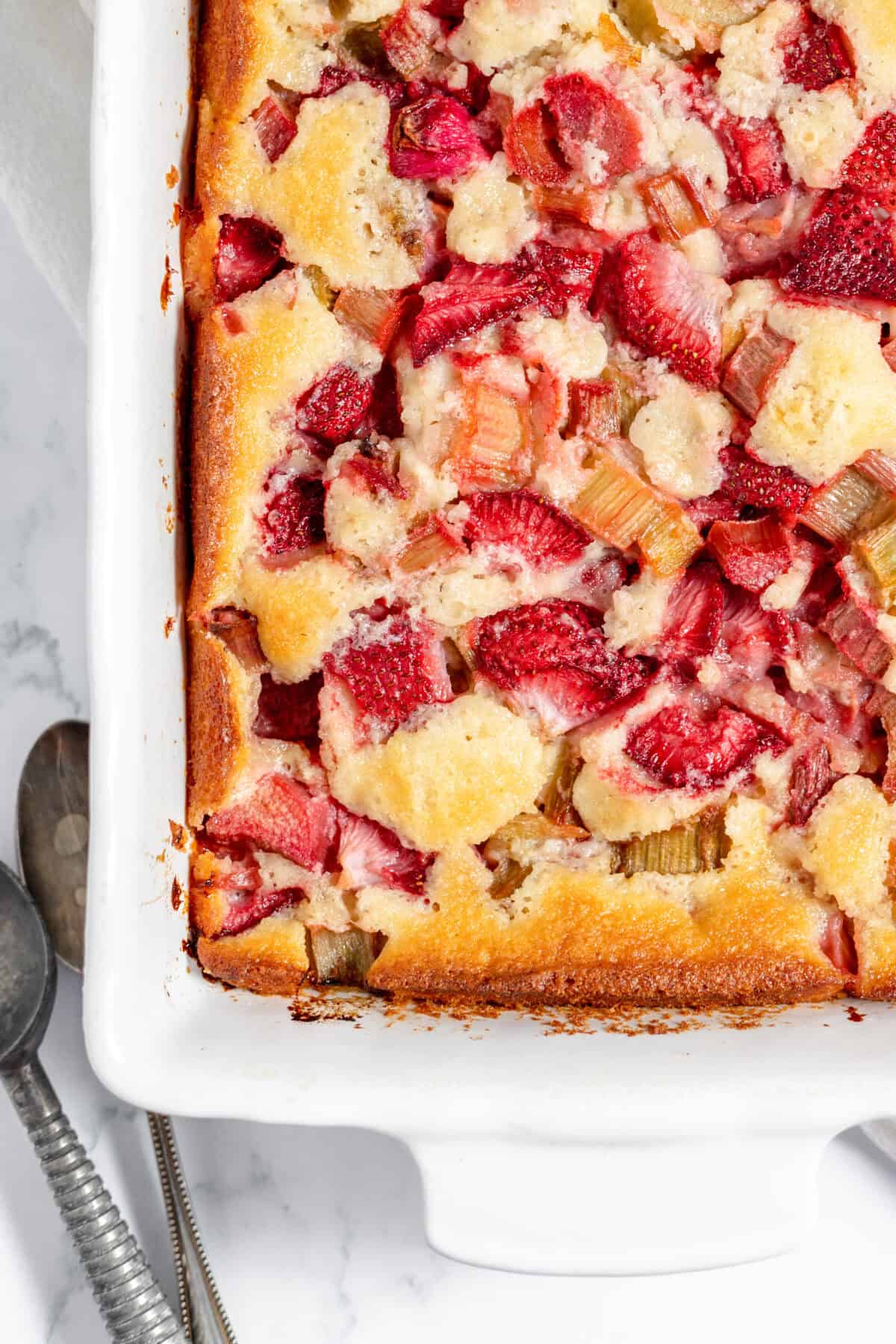 strawberry rhubarb cobbler in a 9x13 baking dish