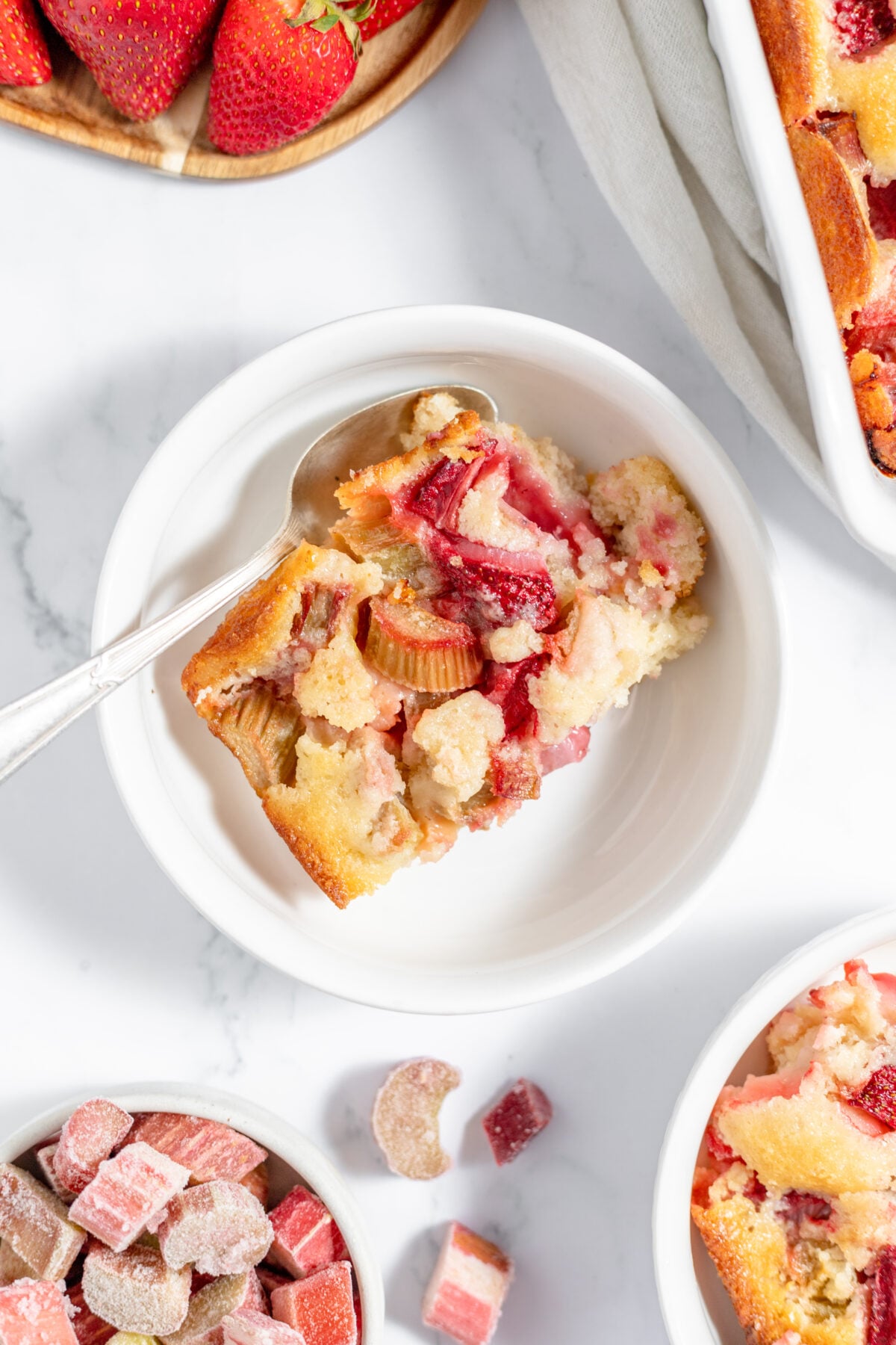 strawberry rhubarb cobbler in a bowl