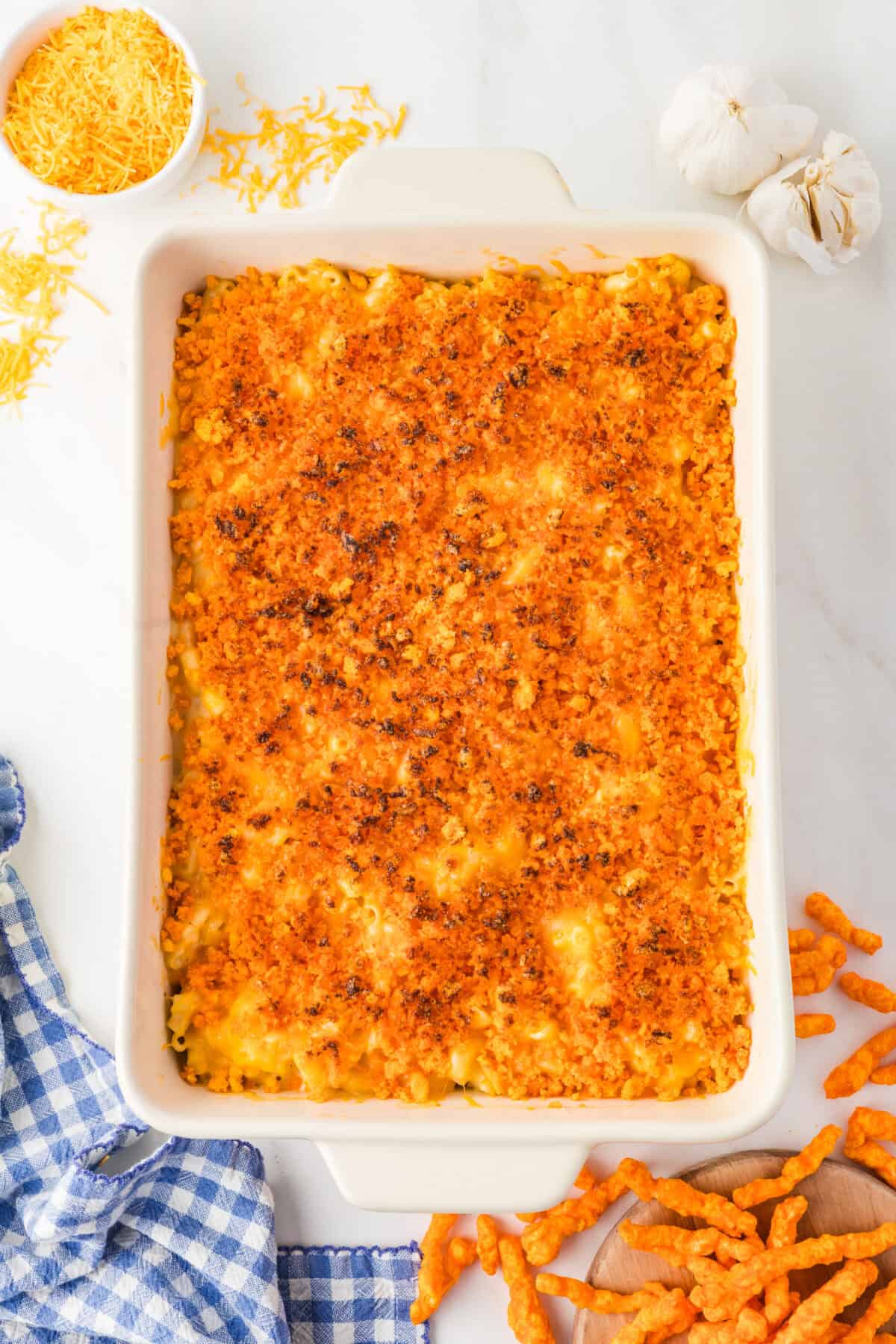 finished cheetos mac and cheese with broiled crunchy cheetos on top