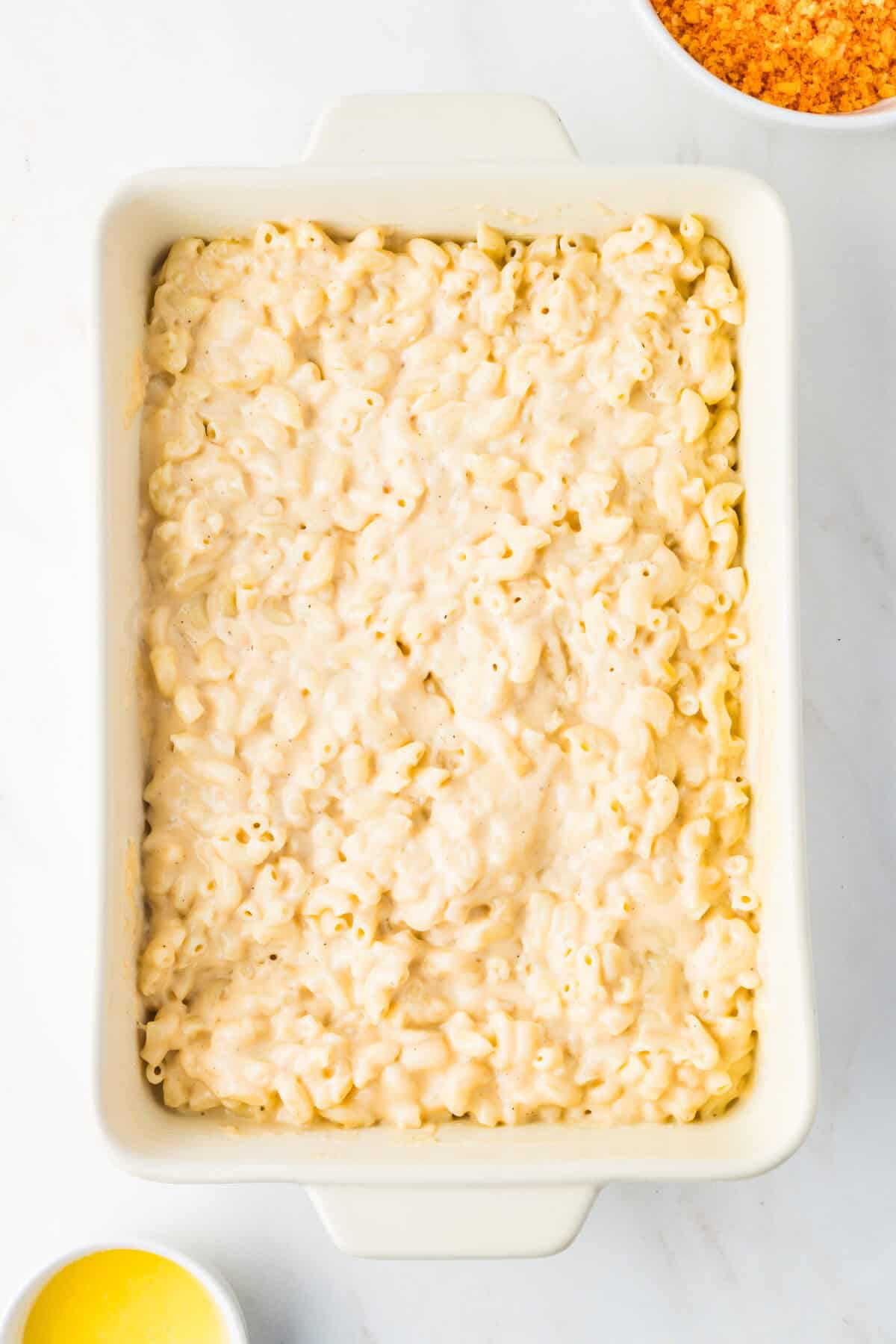 cheesy mac and cheese in a baking dish