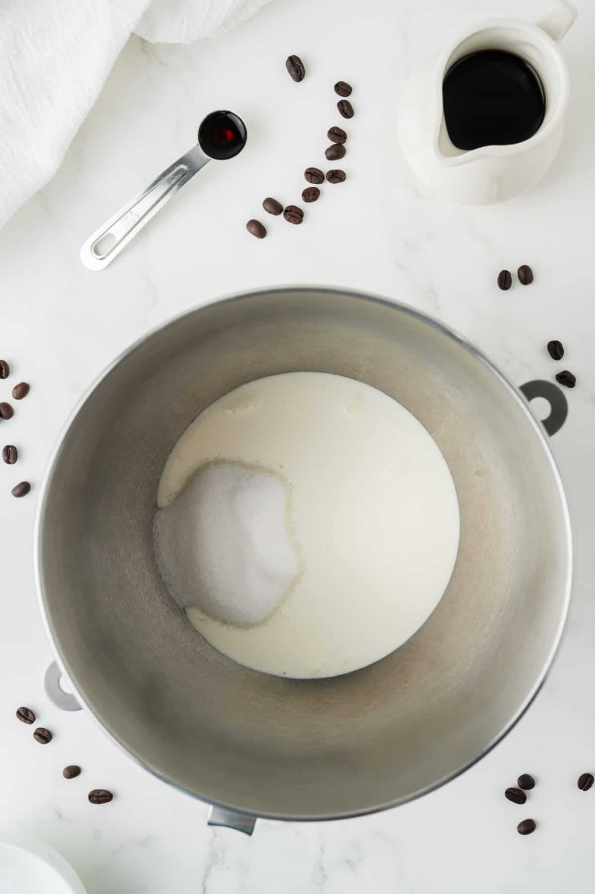 ingredients for coffee ice cream in mixing bowl