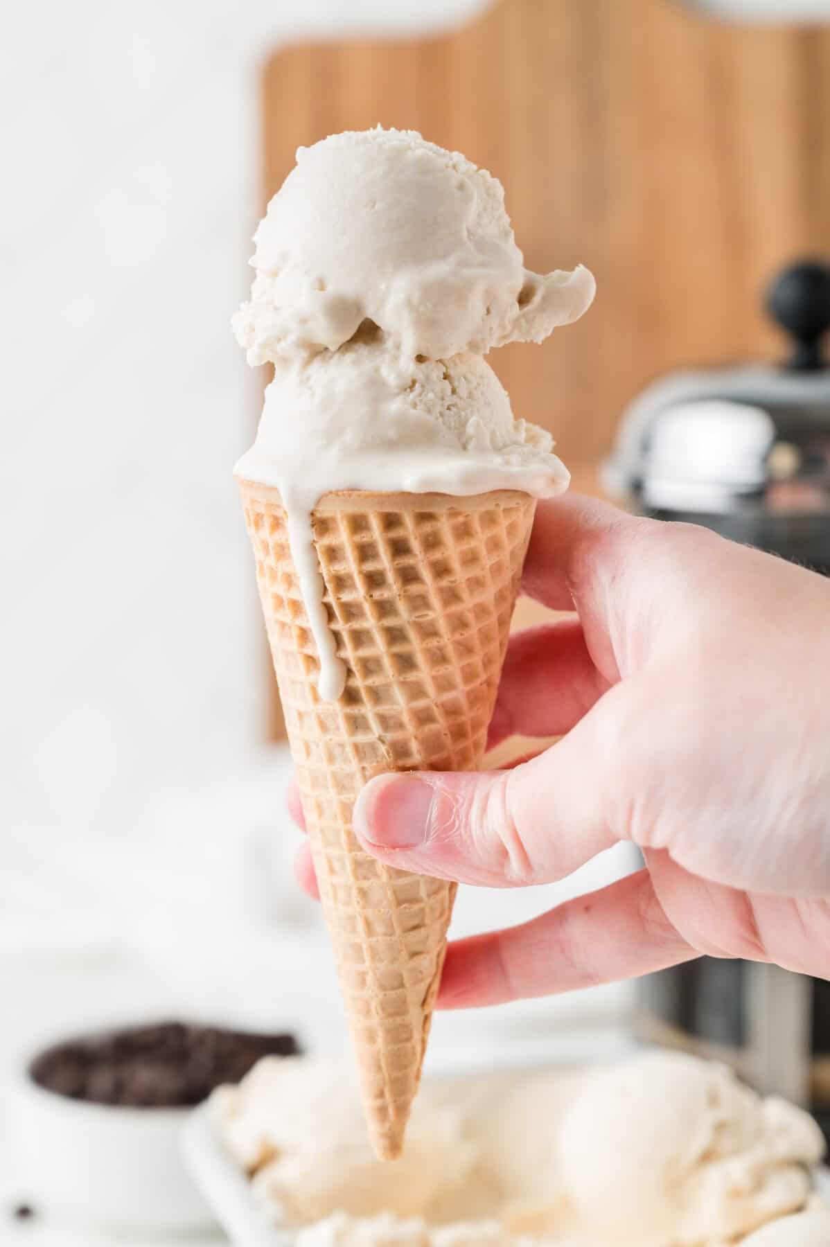 coffee ice cream on a waffle cone