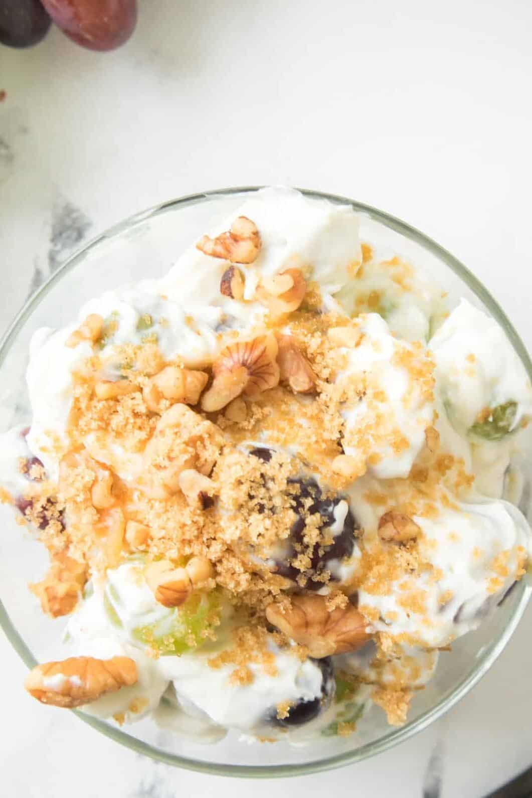grape salad with brown sugar and pecan topping