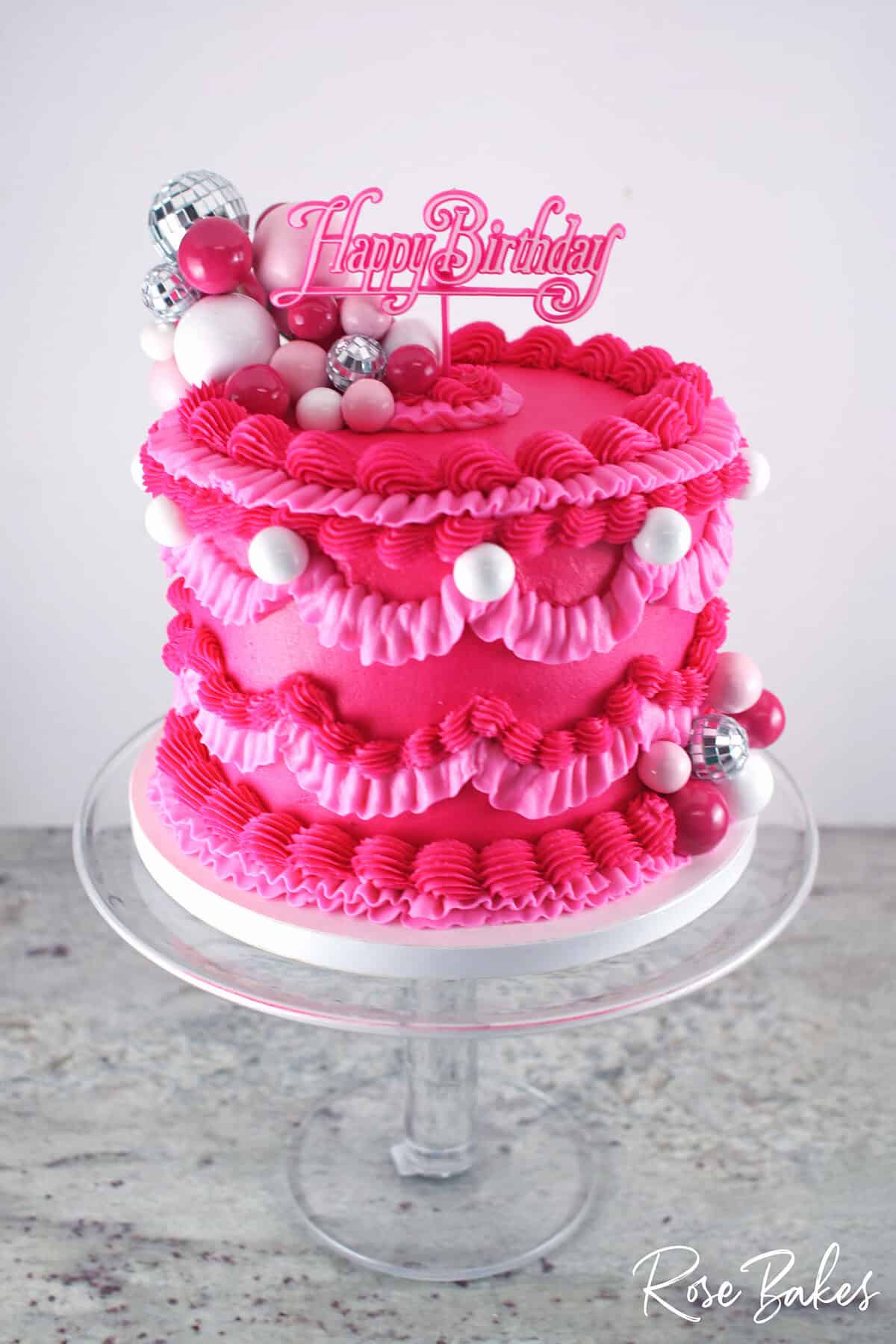 hot pink 50th birthday cake - vintage buttercream piping