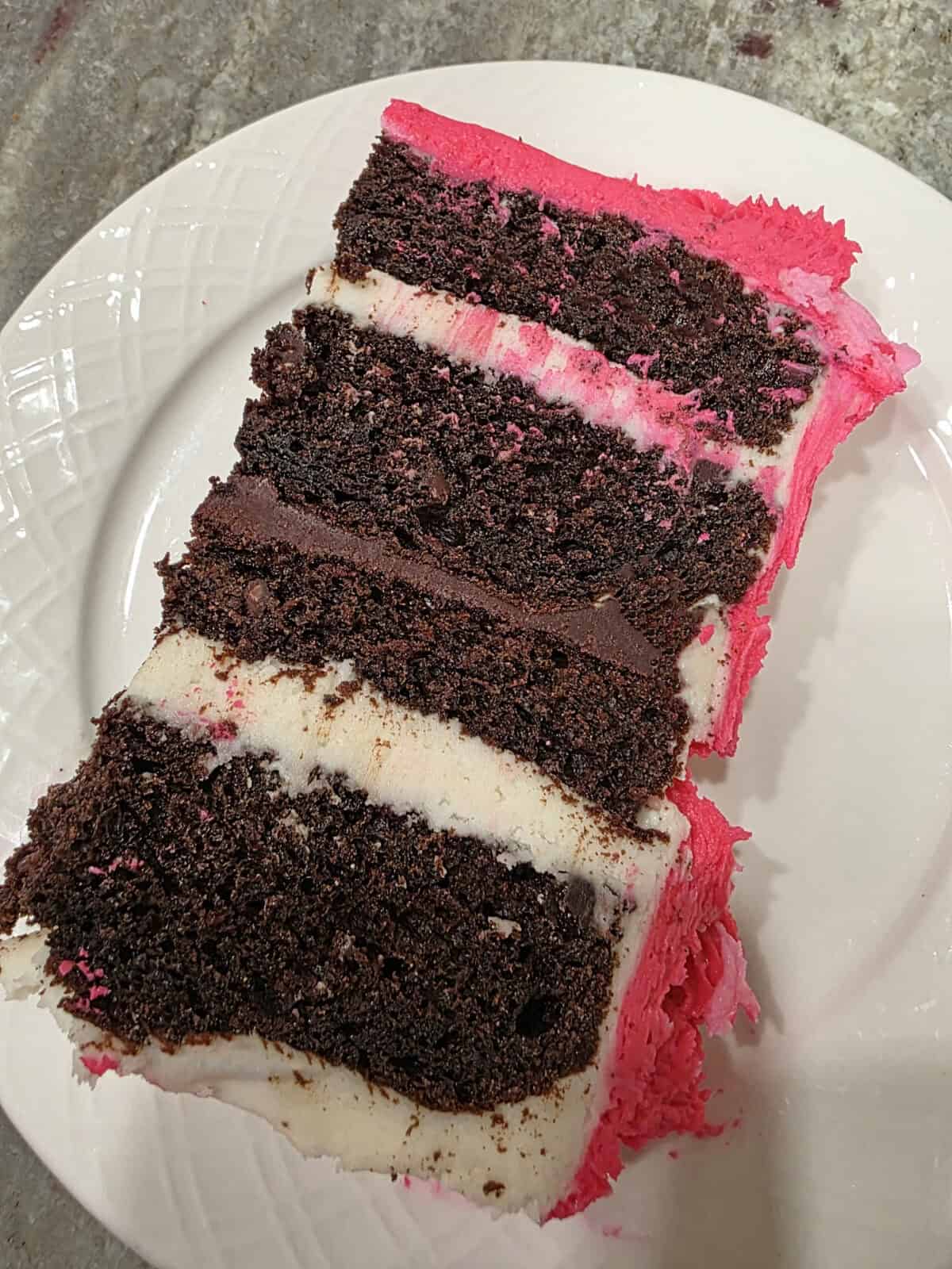 slice of chocolate fudge cake with cream cheese frosting