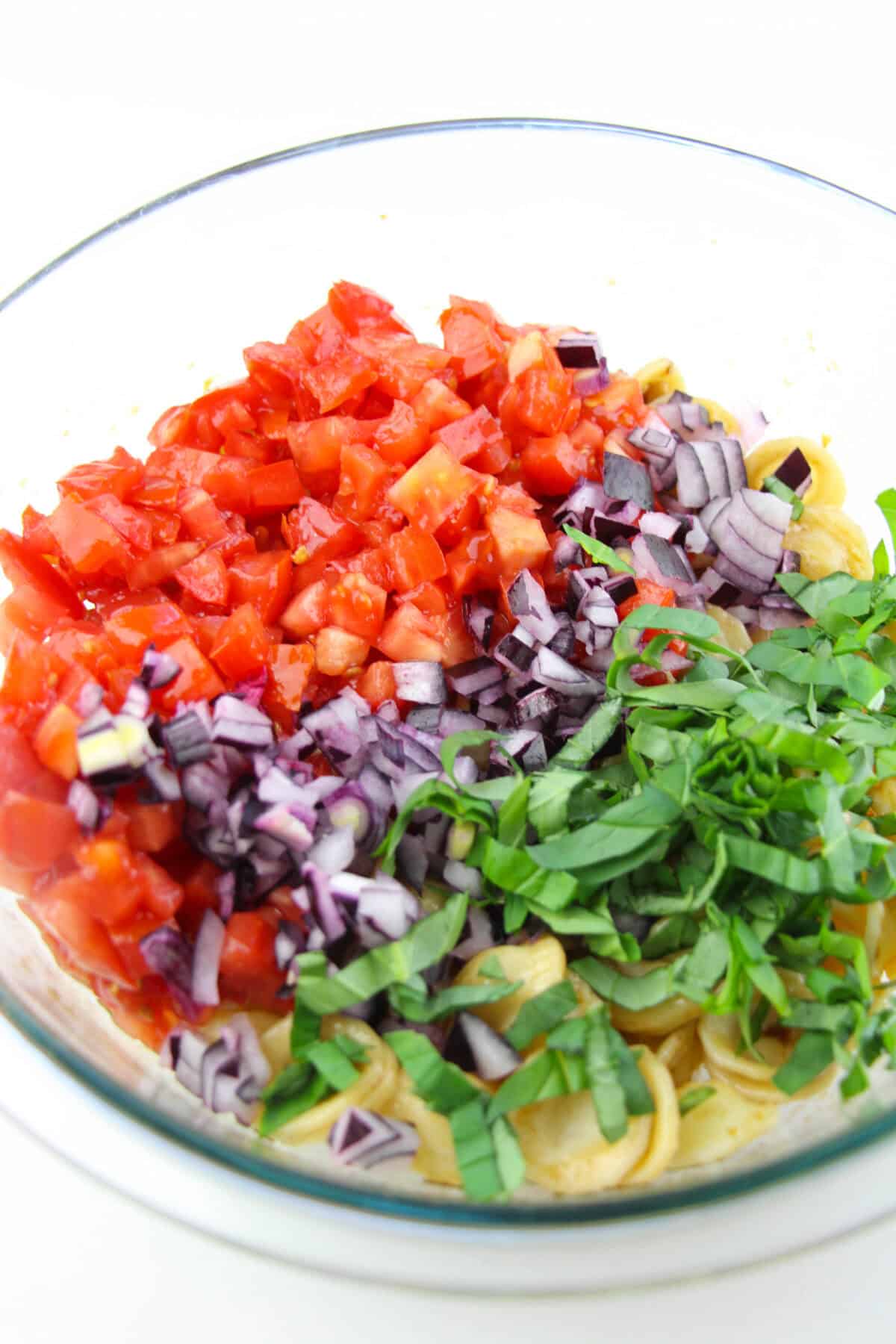 tomatoes, onions and basil on top of pasta