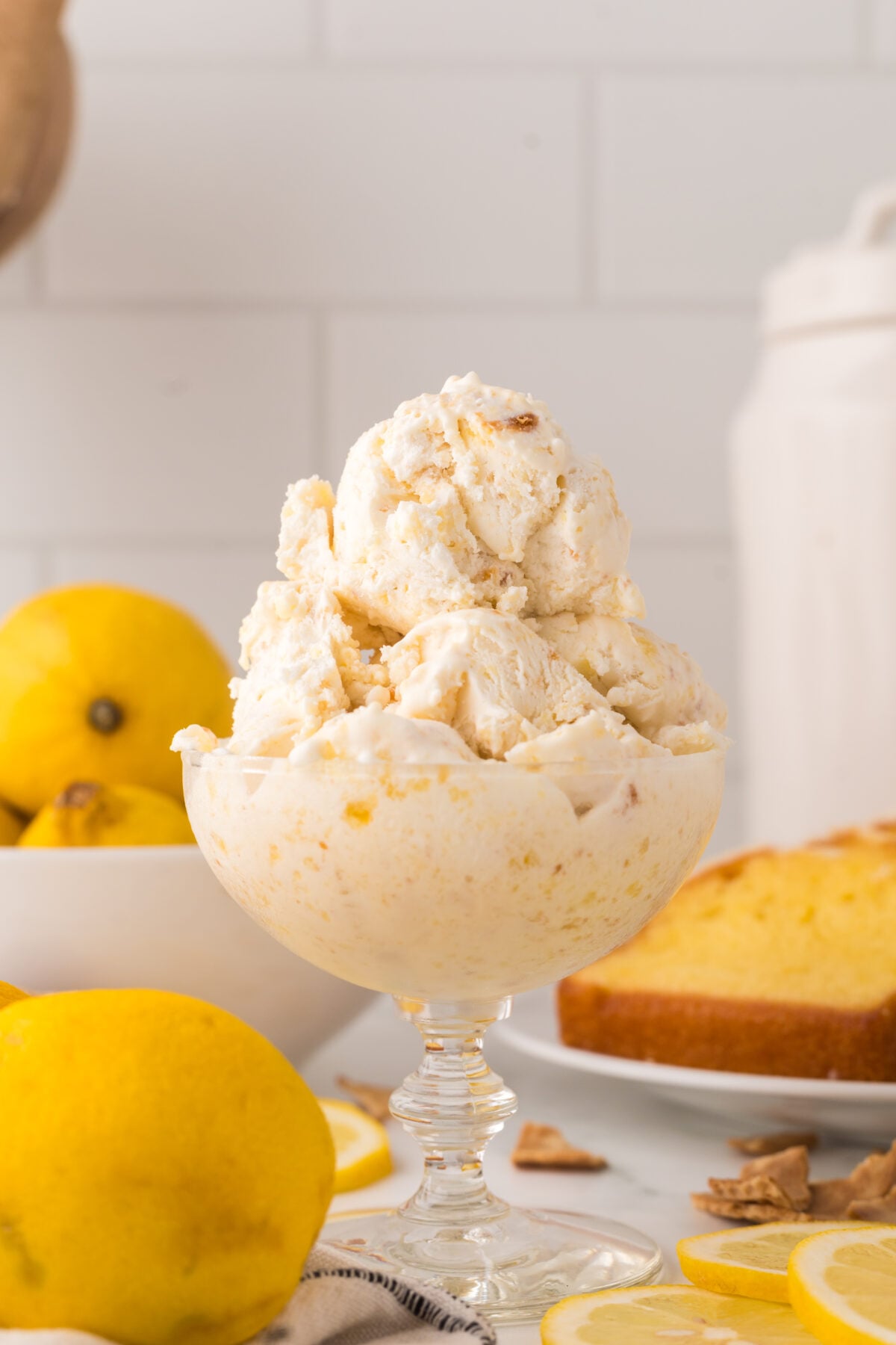scoops of lemon cake ice cream in a bowl