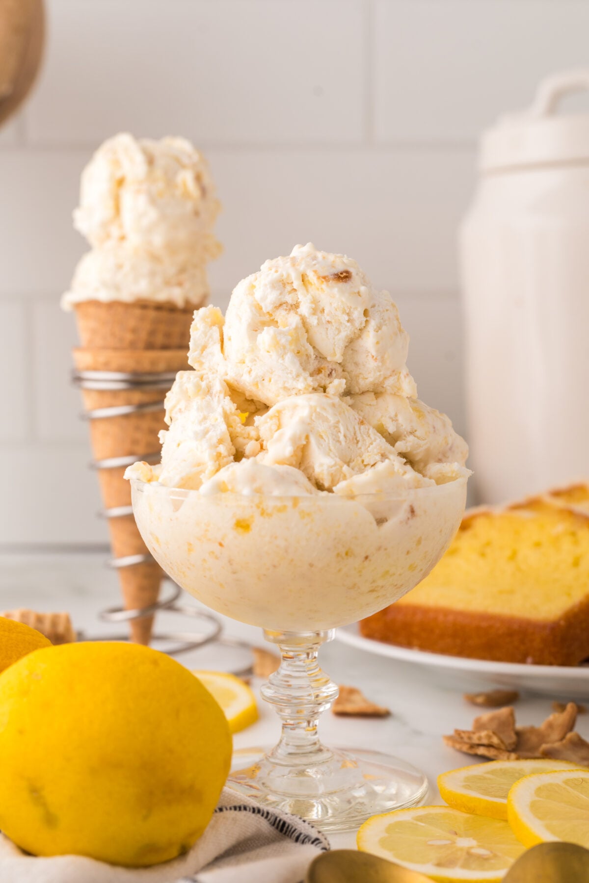 lemon cake ice cream in a dish and on a cone