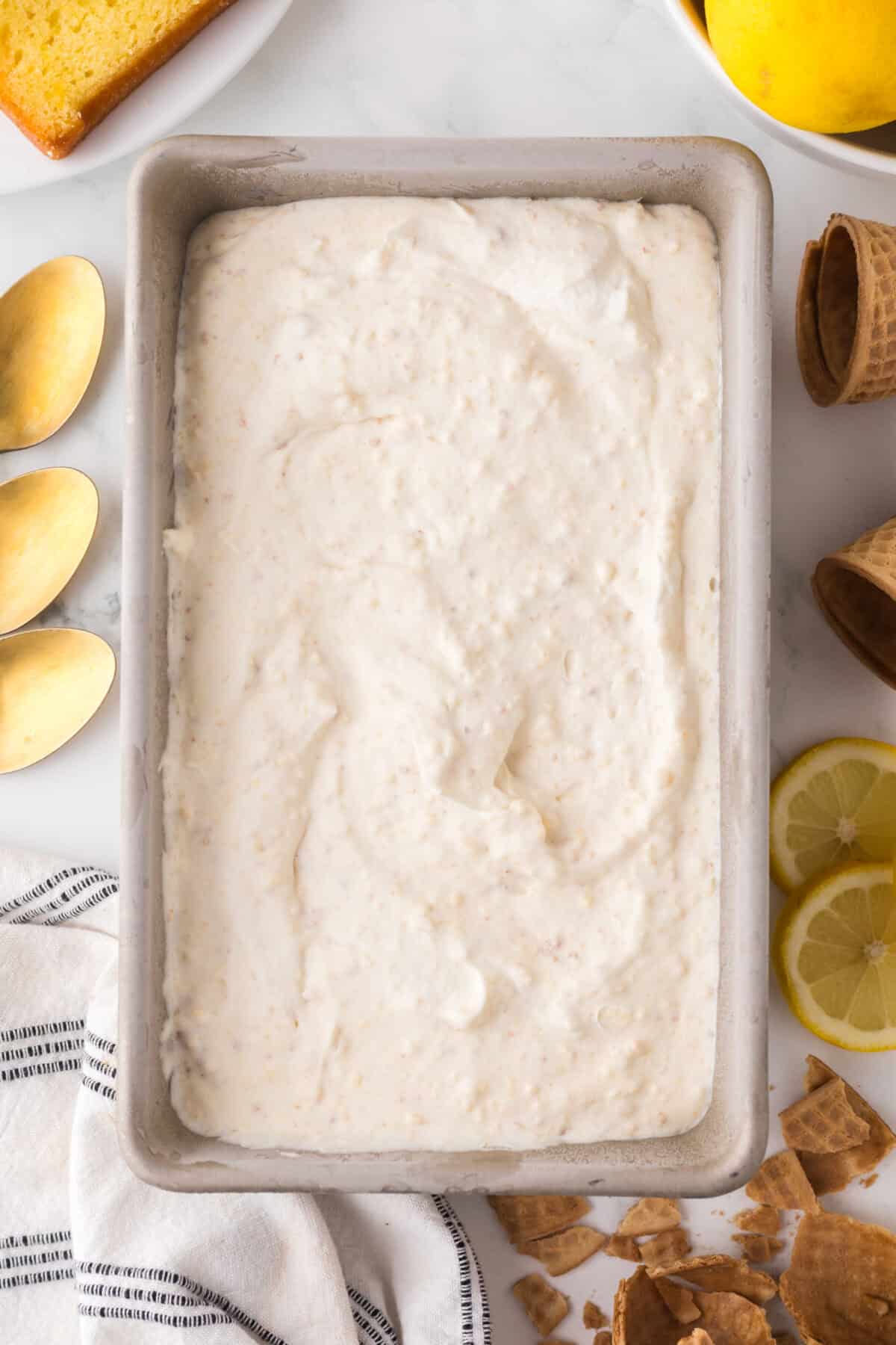 loaf pan of no churn lemon cake ice cream