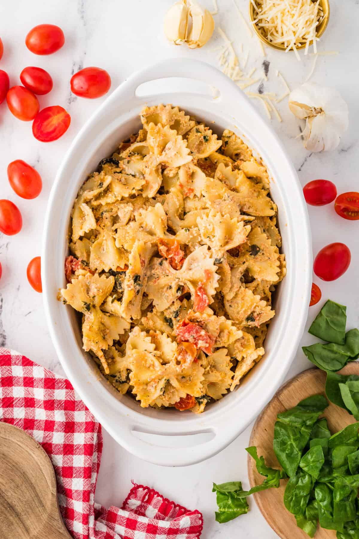boursin cheese pasta in a white serving dish