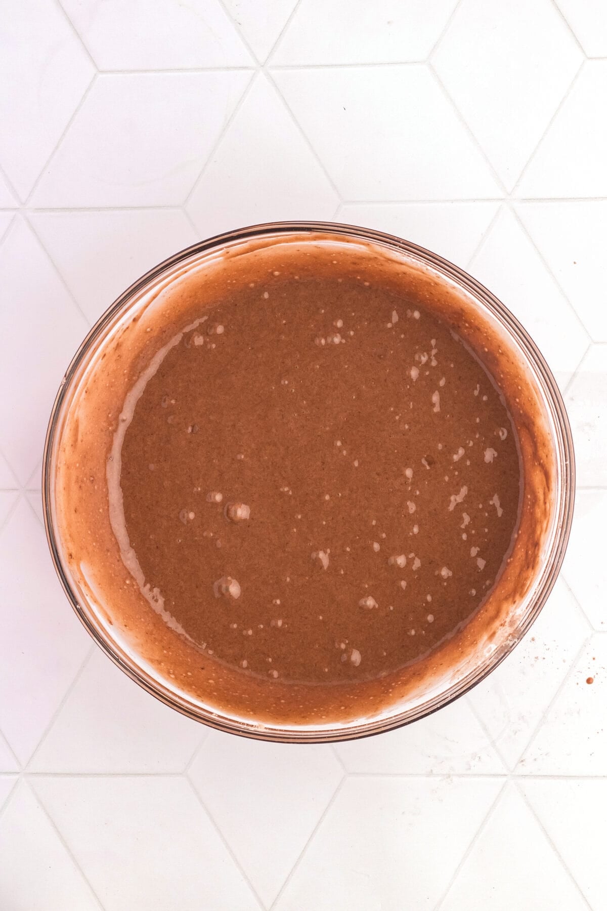 chocolate cake batter in mixing bowl