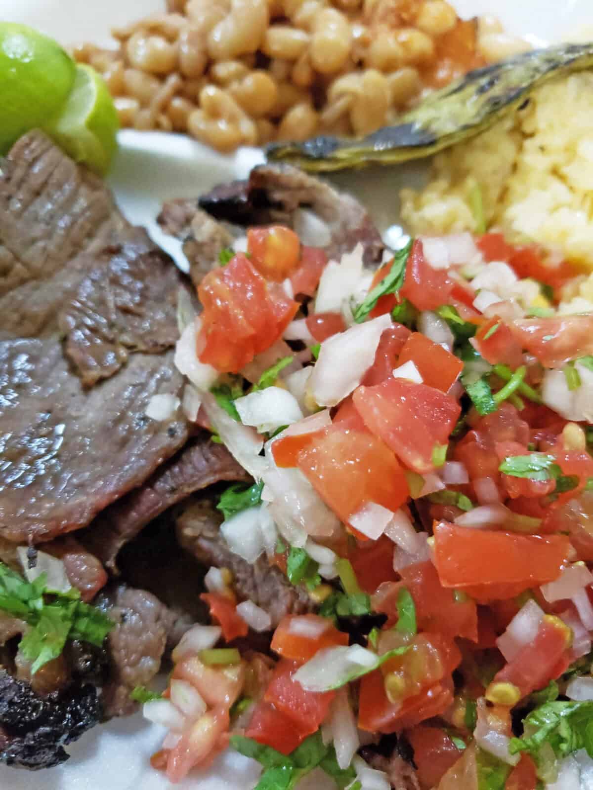 pico de gallo with carne asada and grilled cactus and beans