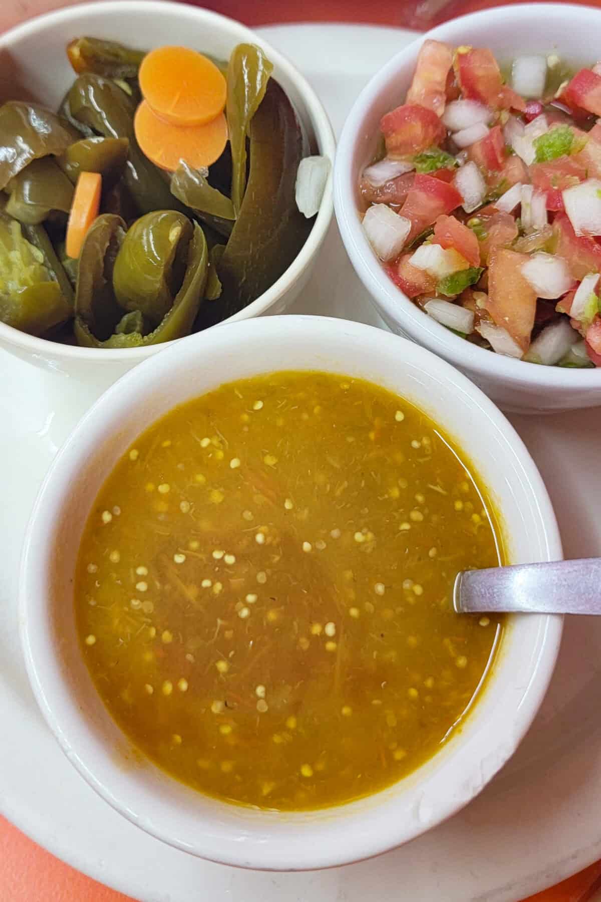 Chiles en Escabeche, green sauce, and pico de gallo