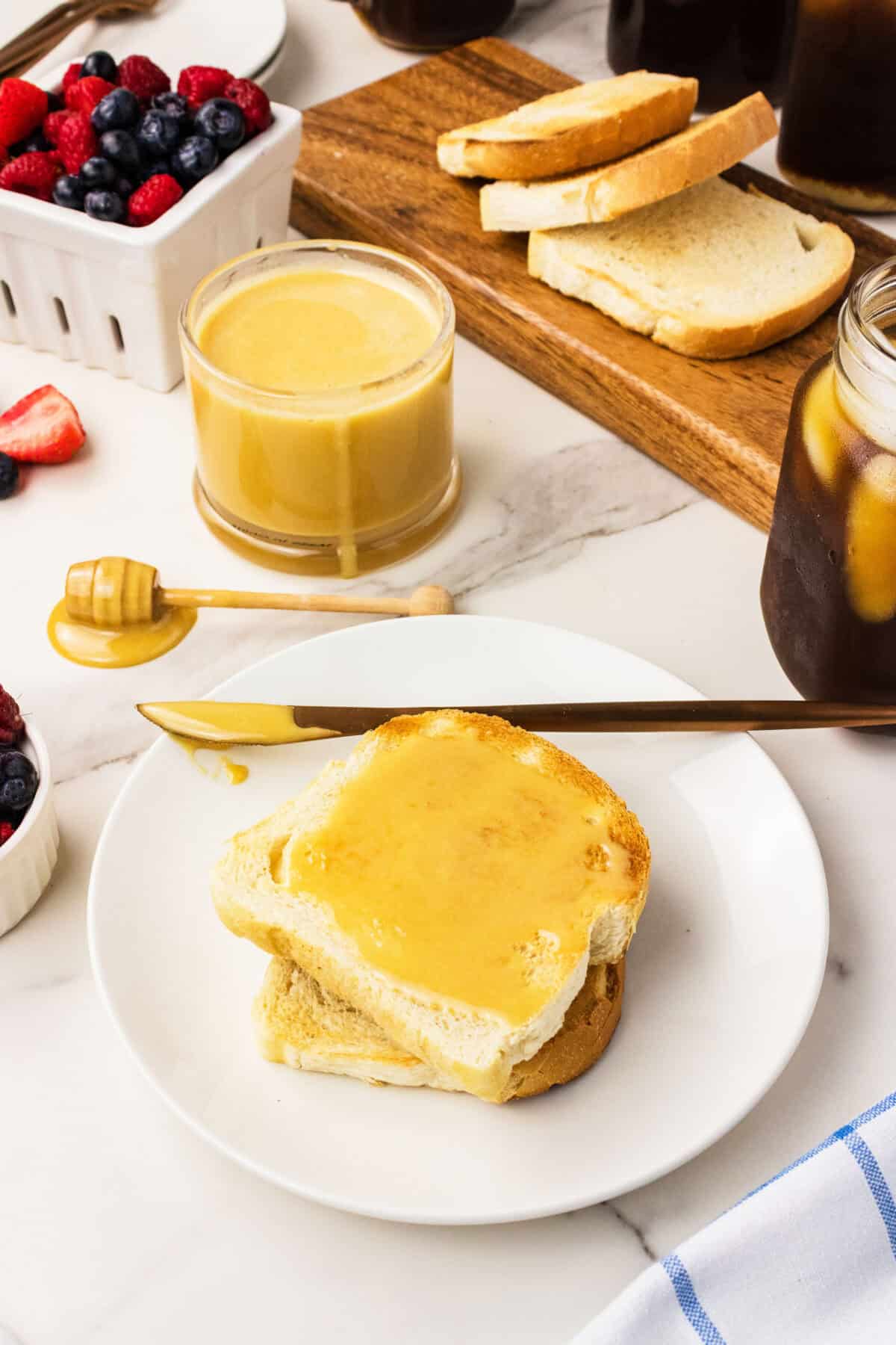 whipped honey spread on toast on a plate