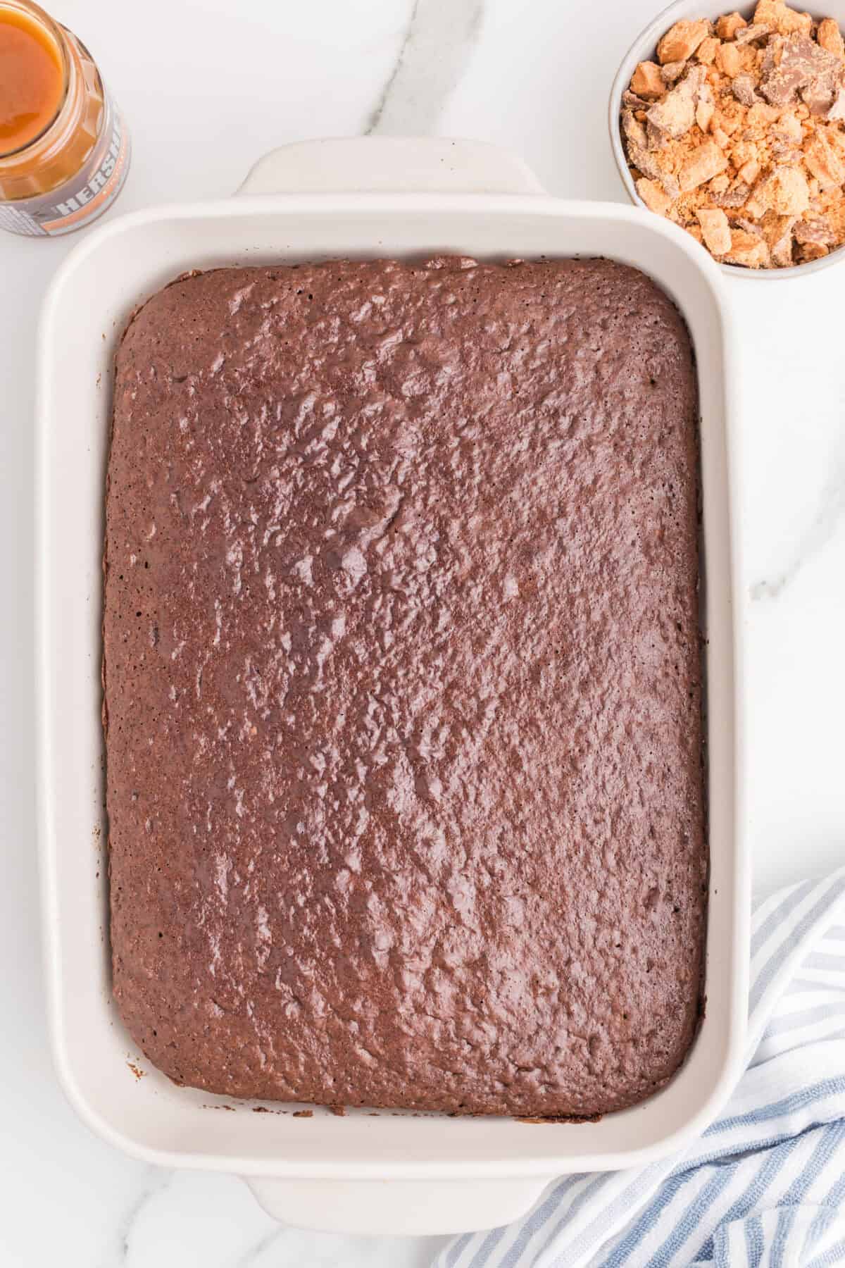 baked chocolate cake in 9x13 cake